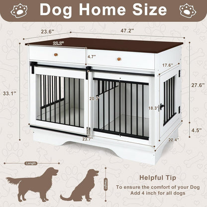Dog Crate Furniture for 2 Dogs, Dog Kennel with 2 Storage Drawers & Divider, Large Double Dog Cage as TV Stand, Furniture Style Dog Crates with Sliding Barn Door (Brown & White)