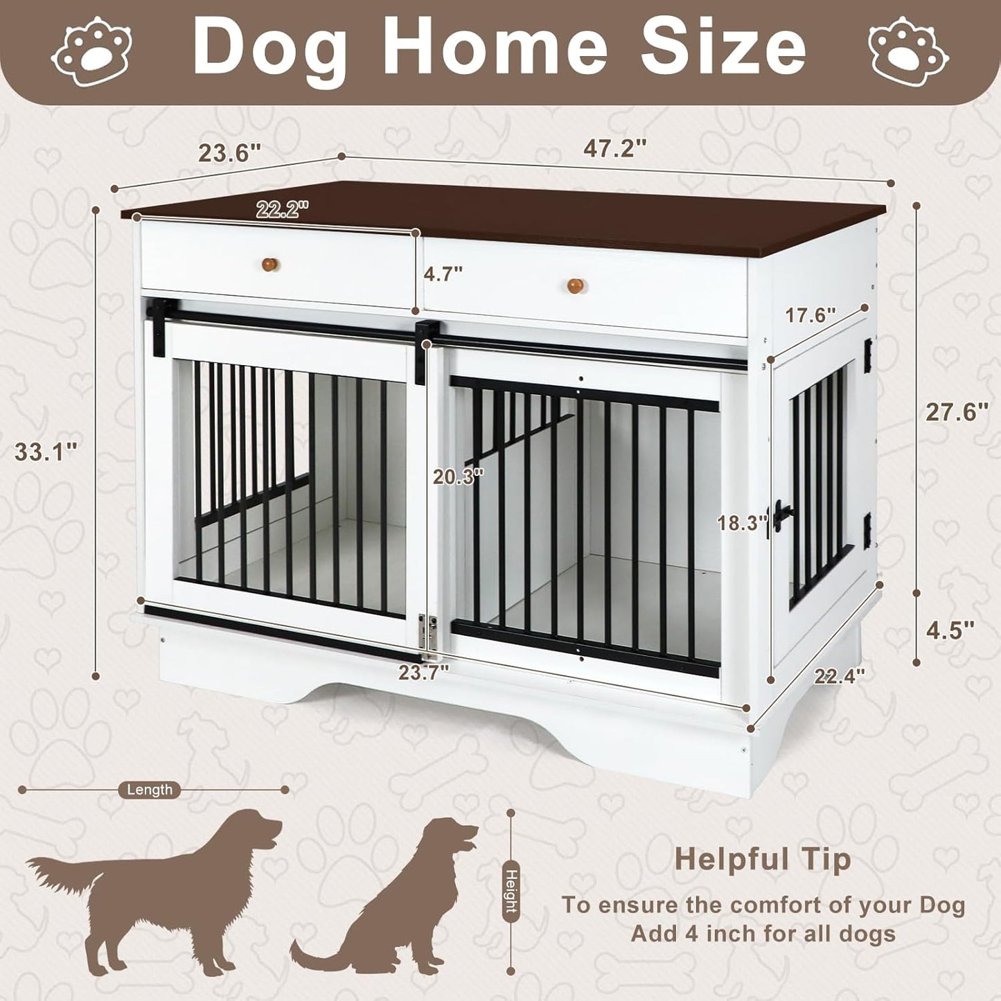 Dog Crate Furniture for 2 Dogs, Dog Kennel with 2 Storage Drawers & Divider, Large Double Dog Cage as TV Stand, Furniture Style Dog Crates with Sliding Barn Door (Blue & White)