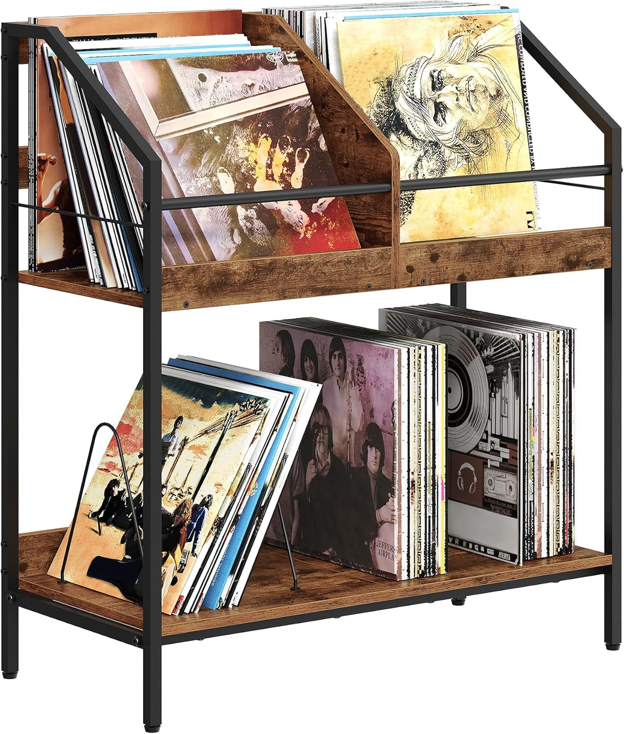 2-Tier Vinyl Record Storage Holder Rack, 250 LP Albums Display Shelf, Wooden Vinyl Storage Rack with Wire Dividers for Records, Cds, Books, Rustic Brown and Black TCW07BF