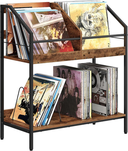 2-Tier Vinyl Record Storage Holder Rack, 250 LP Albums Display Shelf, Wooden Vinyl Storage Rack with Wire Dividers for Records, Cds, Books, Rustic Brown and Black TCW07BF
