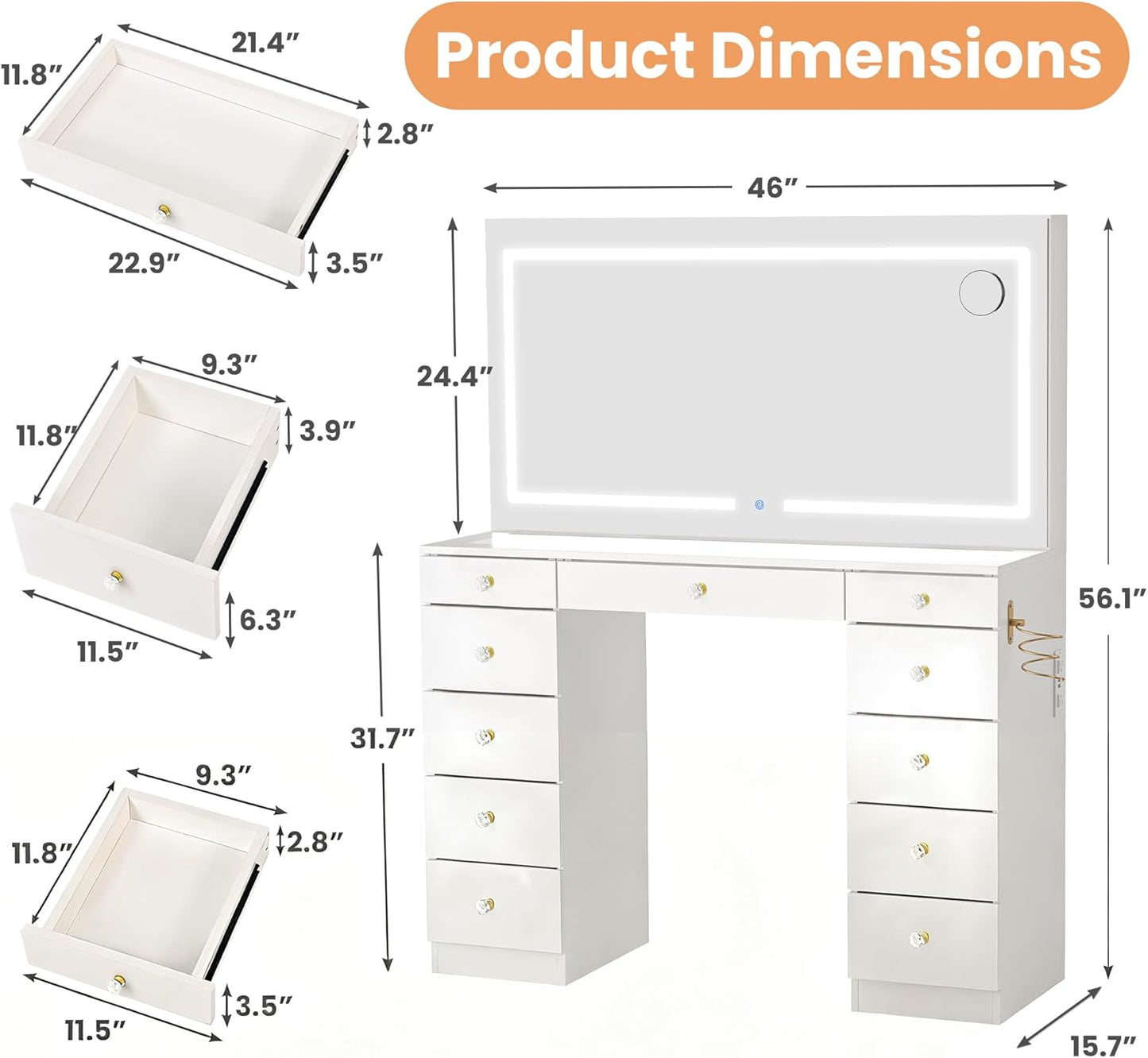 Glass Top Vanity Desk with Crystal Handles and 11 Drawers, Makeup Vanity with Mirror and Lights, 3 Lighting Modes Dressing Table, Power Outlet, Silent Slides, White