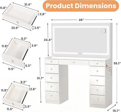 Glass Top Vanity Desk with Crystal Handles and 11 Drawers, Makeup Vanity with Mirror and Lights, 3 Lighting Modes Dressing Table, Power Outlet, Silent Slides, White