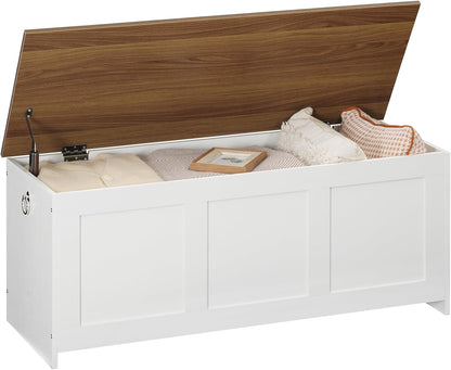 Storage Bench, 39.3" Retro Wooden Storage Chest, Wooden Storage Trunk, Toy Chest with Lift Top, Multifunctional Entryway Organizer, for Entryway, Living Room, White and Walnut WH141CW01