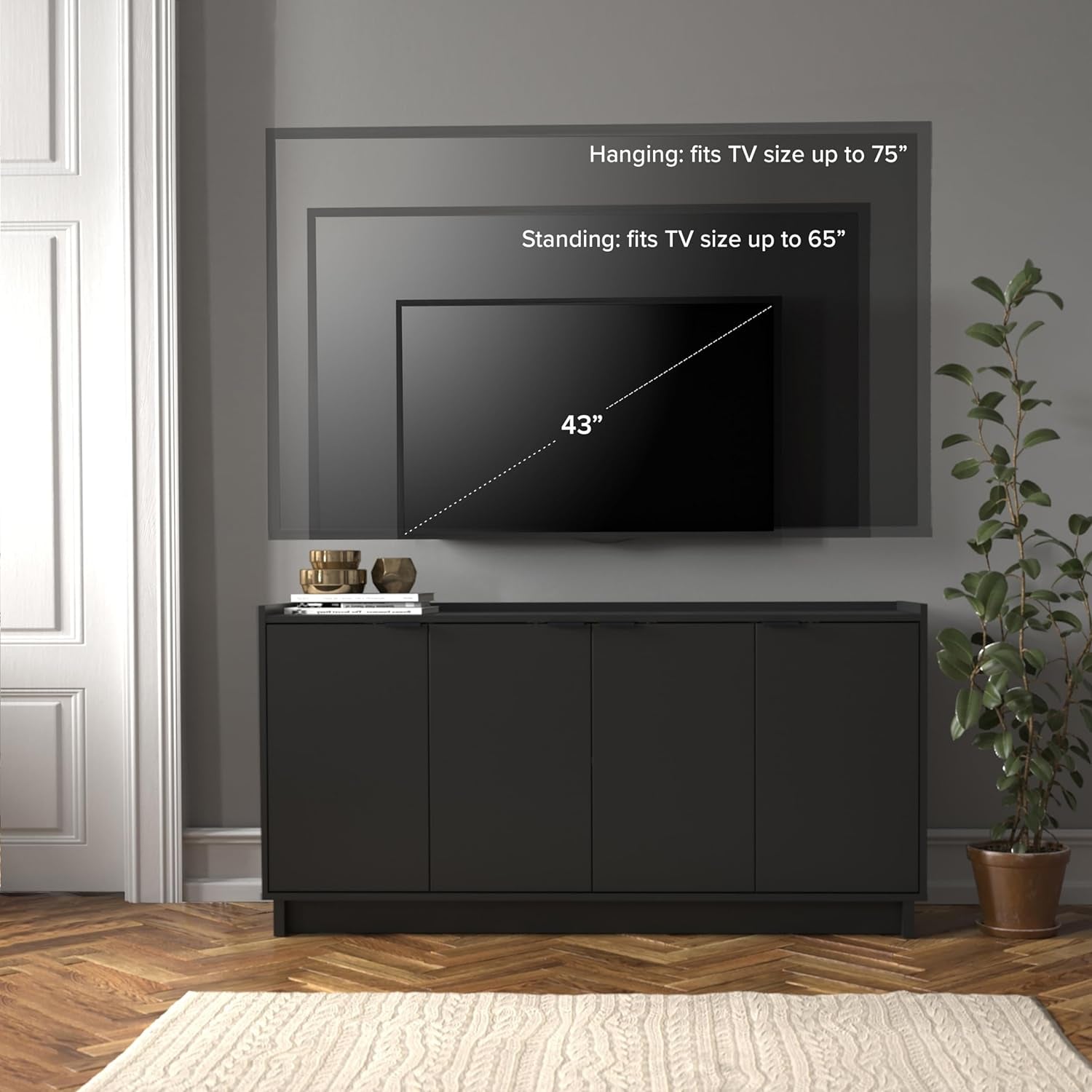 Simply Modern 4 Door Console Table Storage Cabinet, Buffet Cabinet for Storage and Organization, Modern Side Table with Doors & Shelves, 60”W X 30”H X 16”D, Black