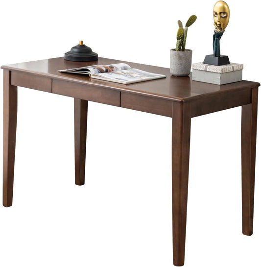 Solid Wood Desk with Drawer, Wooden Home Office Desk for Work, Student Computer Desk for Small Spaces, Gaming Study PC Desk for Bedroom, Easy to Assemble (Walnut Color 39 Inch)