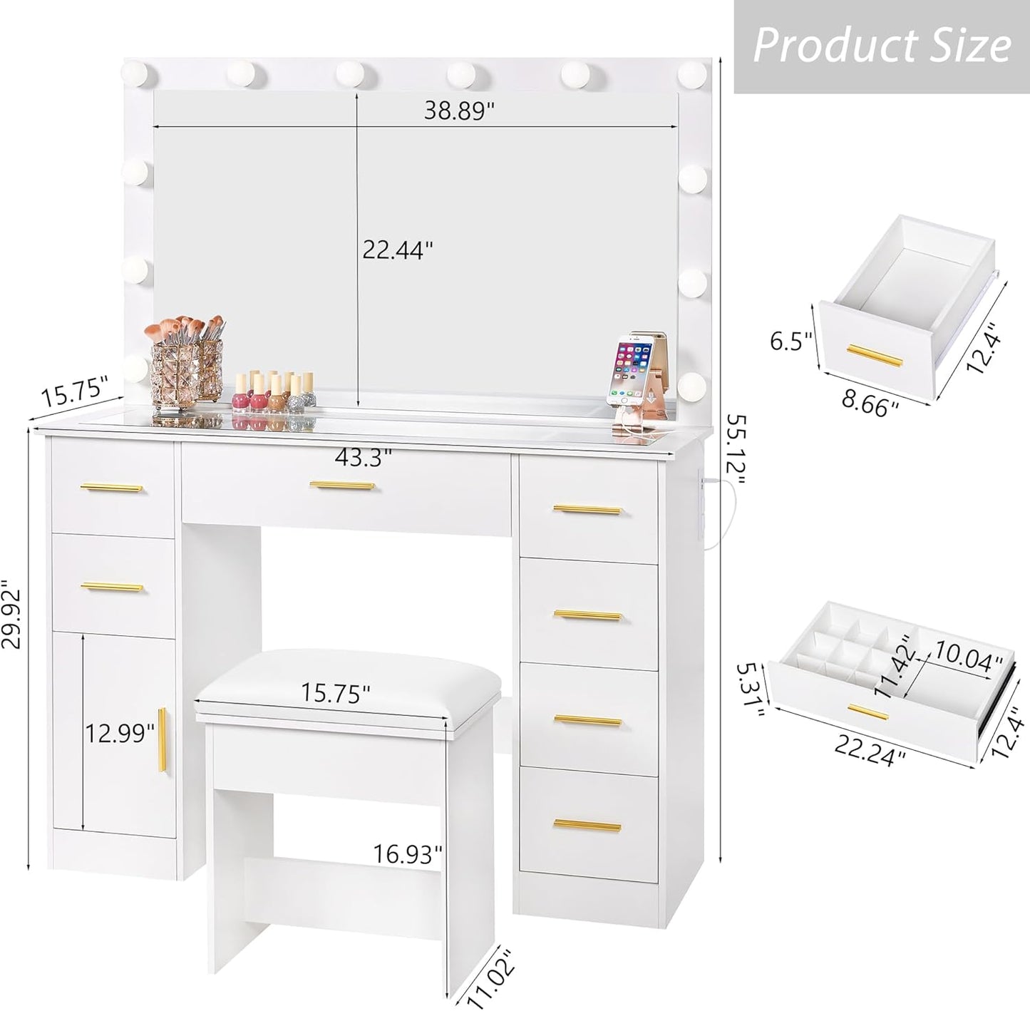 Large Vanity Desk with Lighted Mirror White Makeup Vanity Set with Glass Top & Power Outlet & 7 Drawers Storage 3 Color Lighting Modes Dressing Table with Stool for Bedroom Women Girl UBDT83W
