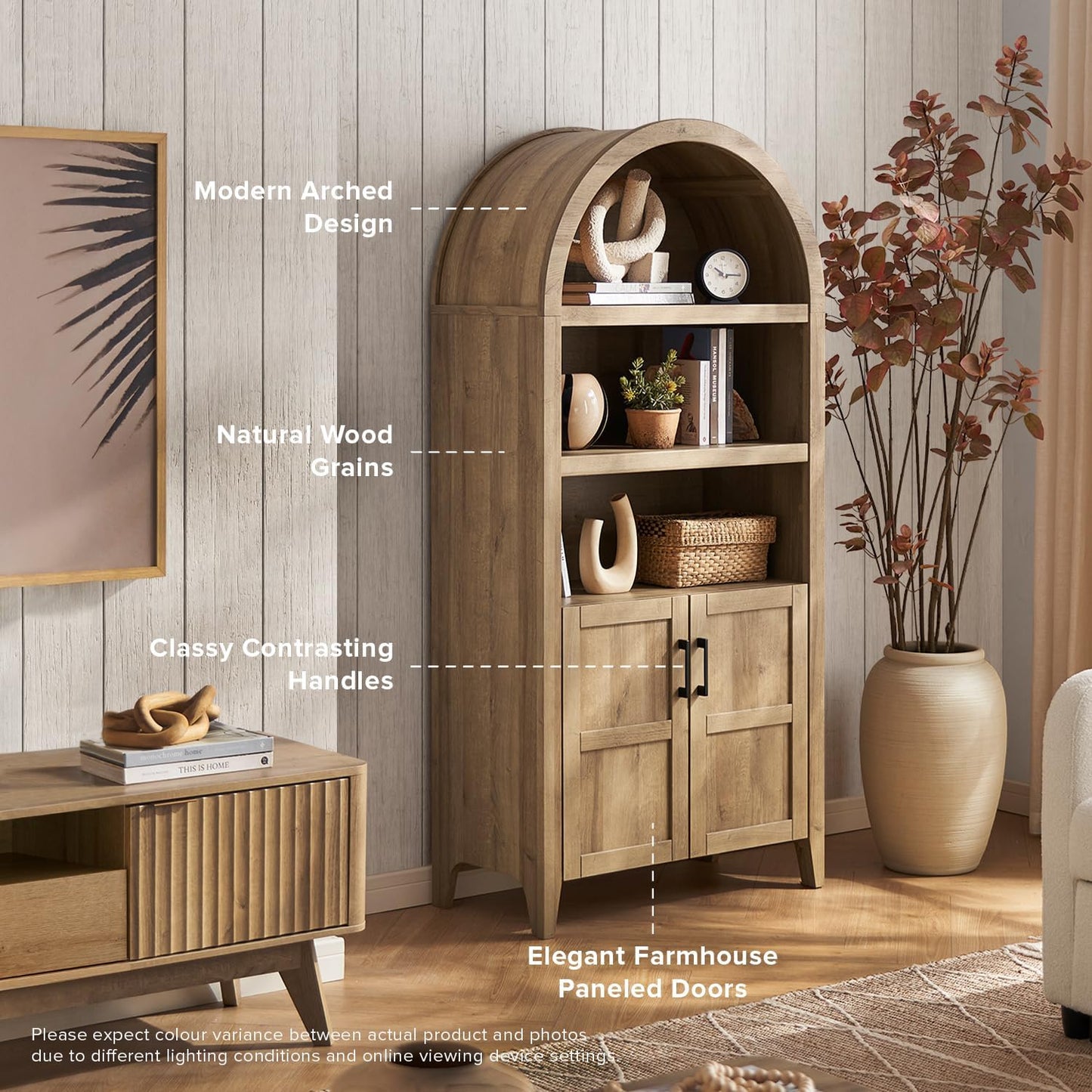 Lauren 65.4" Short Arched Cabinet, the Original 5-Tier Bookcase with Doors and Shelves, Mini Arch Bookshelf with Storage, Wooden Storage Cabinet for Living Room and Kitchen Pantry (Oak)