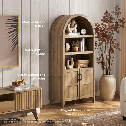 Lauren 65.4" Short Arched Cabinet, the Original 5-Tier Bookcase with Doors and Shelves, Mini Arch Bookshelf with Storage, Wooden Storage Cabinet for Living Room and Kitchen Pantry (Oak)