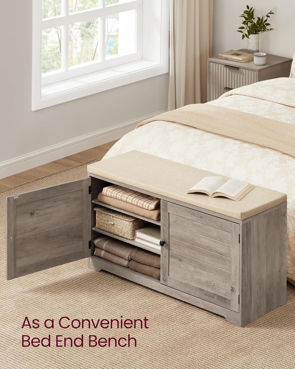 Shoe Storage Bench with Cushion, 3-Tier Entryway Bench with Padded Seat, Doors, Adjustable Shelves, 14 X 39.8 X 20.7 Inches, Hallway, Bedroom, Heather Greige and Cappuccino Beige ULSB044L01