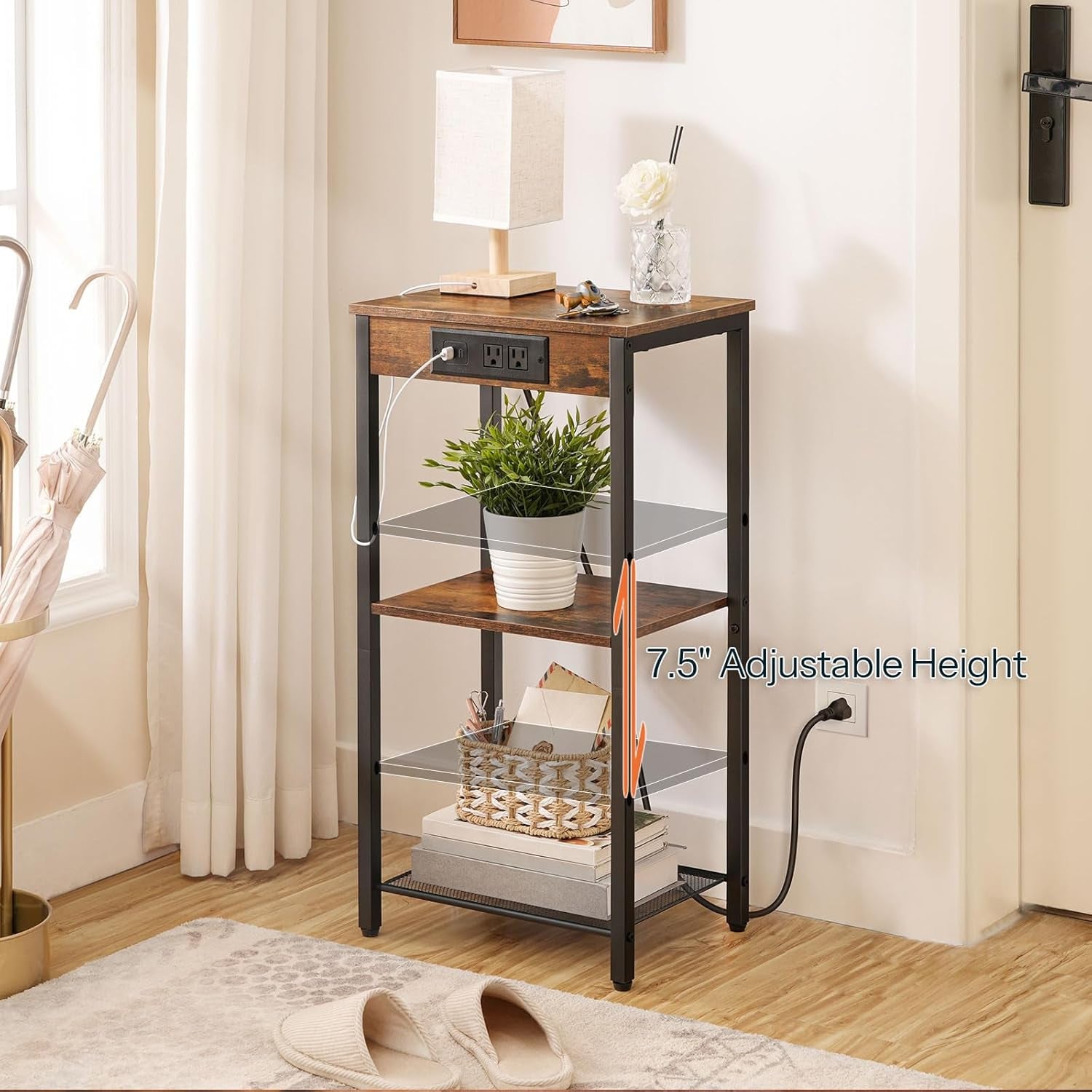 Tall End Table with Charging Station, 30 Inch Tall Nightstand, 3-Tier Small Side Table with Adjustable Shelf, for Living Room, Bedroom, Entryway, Rustic Brown BF09UDH01G1