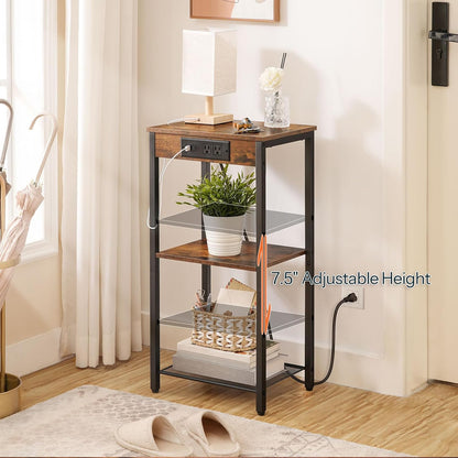 Tall End Table with Charging Station, 30 Inch Tall Nightstand, 3-Tier Small Side Table with Adjustable Shelf, for Living Room, Bedroom, Entryway, Rustic Brown BF09UDH01G1