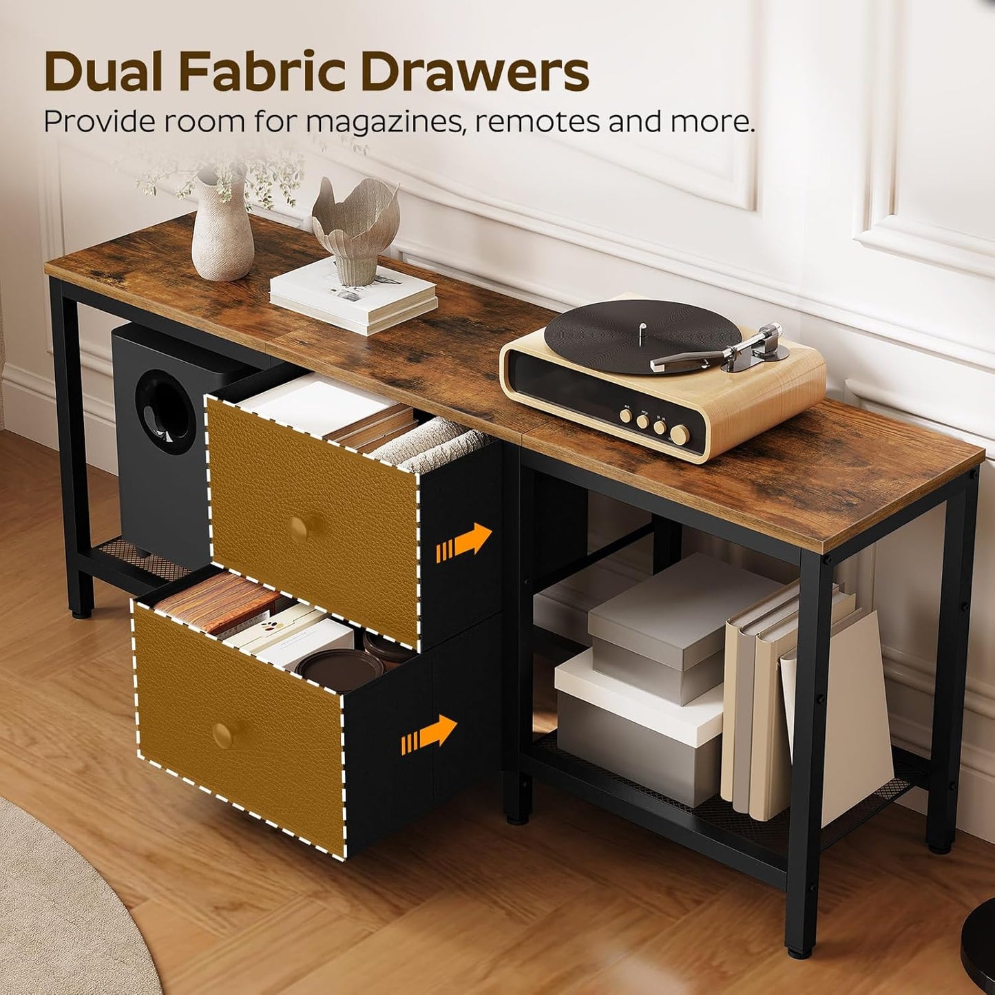 TV Stand for Tvs up to 55", Entertainment Center with 2 Fabric Drawer, Media Console with Shelves, Television Stands for Living Room, Bedroom, Rustic Brown and Black DS02BR