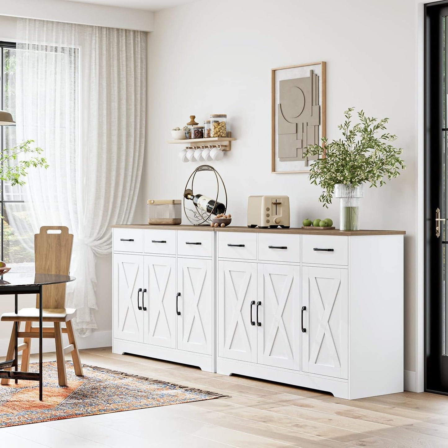 Modern Farmhouse Sideboard Buffet Cabinet, Barn Doors Buffet Storage Cabinet with Drawers and Shelves, Wood Coffee Bar with Storage for Kitchen, Dining Room, Living Room, White