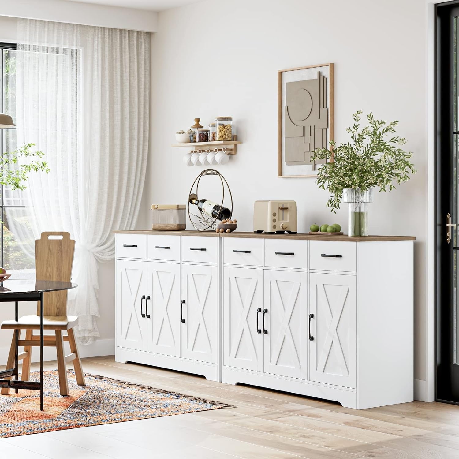 Modern Farmhouse Sideboard Buffet Cabinet, Barn Doors Buffet Storage Cabinet with Drawers and Shelves, Wood Coffee Bar with Storage for Kitchen, Dining Room, Living Room, White
