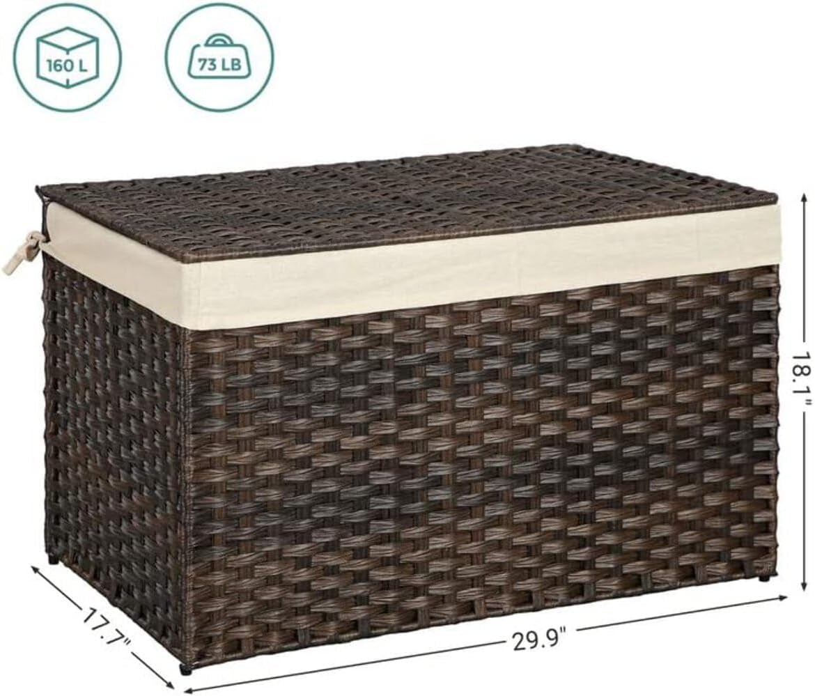 Storage Basket with Lid, 42.3 Gallon (160L) Storage Bin, Woven Blanket Storage Basket with Handles, Foldable, Removable Liner, Metal Frame, for Bedroom, Laundry Room, Brown URST76BR