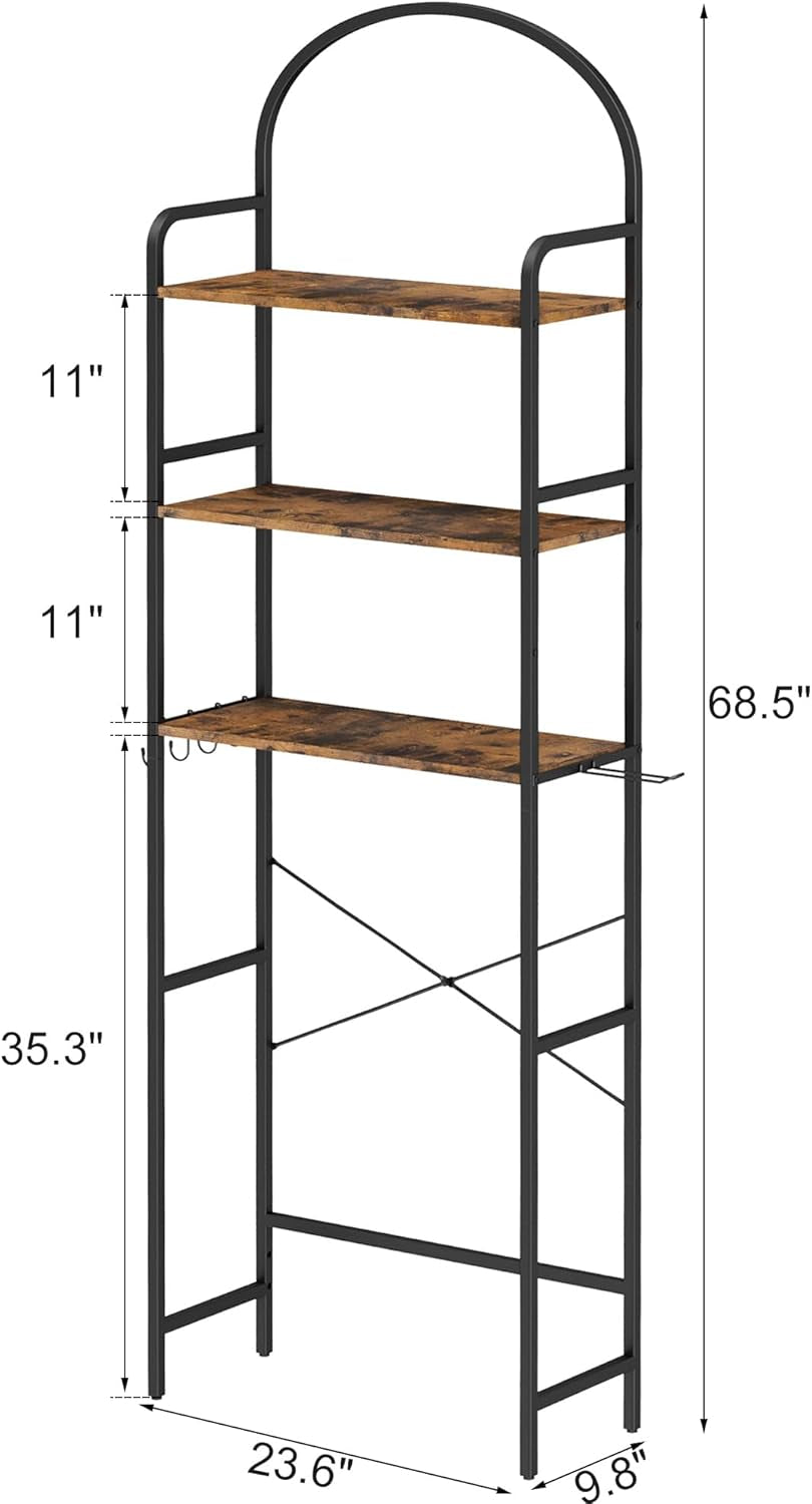 3-Tier over the Toilet Storage with 4 Hooks and Paper Holder, Space Saving, Bathroom Organizer with Adjustable Feet, Metal Frame and Wooden Shelf,Rustic Brown and Black