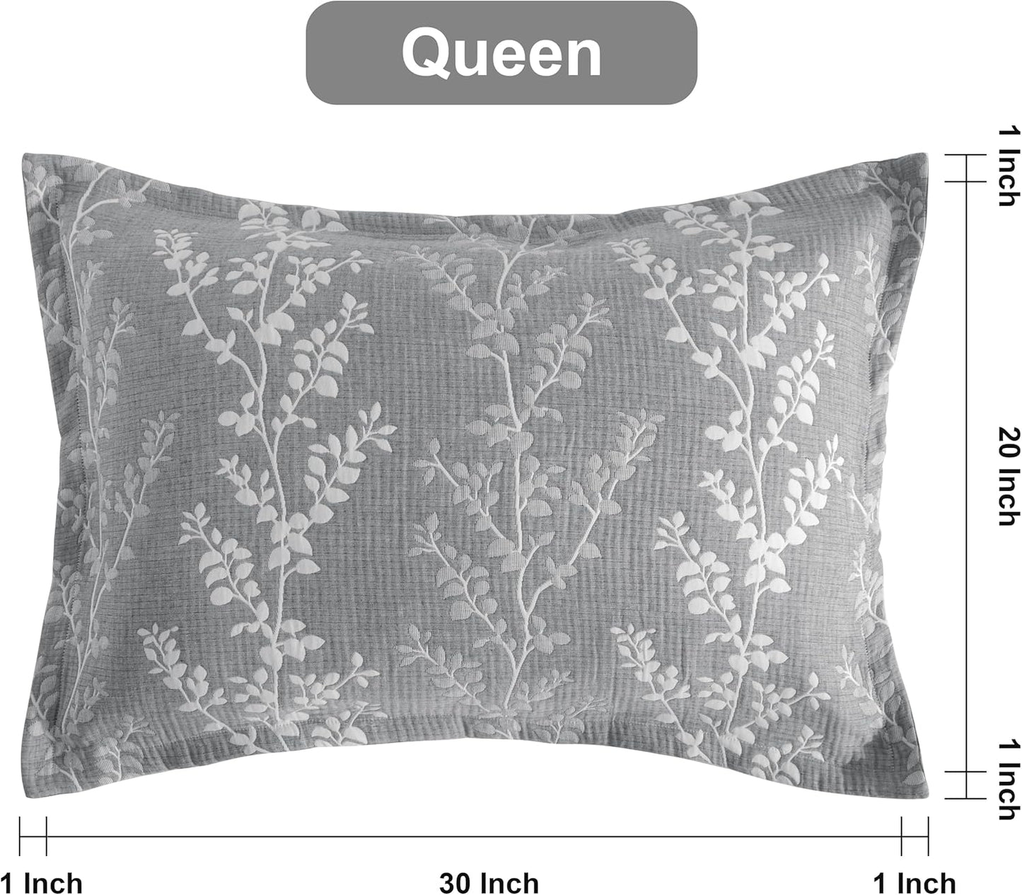 Cotton Queen Pillow Shams, 3 Layer Muslin Breathable Soft Thermal Yarn Dyed Sham Covers, 2 Pack 20X30 Oxford Pillowcases with Envelope Closure, Grey Tree