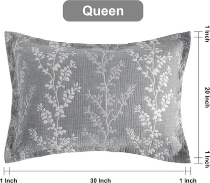 Cotton Queen Pillow Shams, 3 Layer Muslin Breathable Soft Thermal Yarn Dyed Sham Covers, 2 Pack 20X30 Oxford Pillowcases with Envelope Closure, Grey Tree