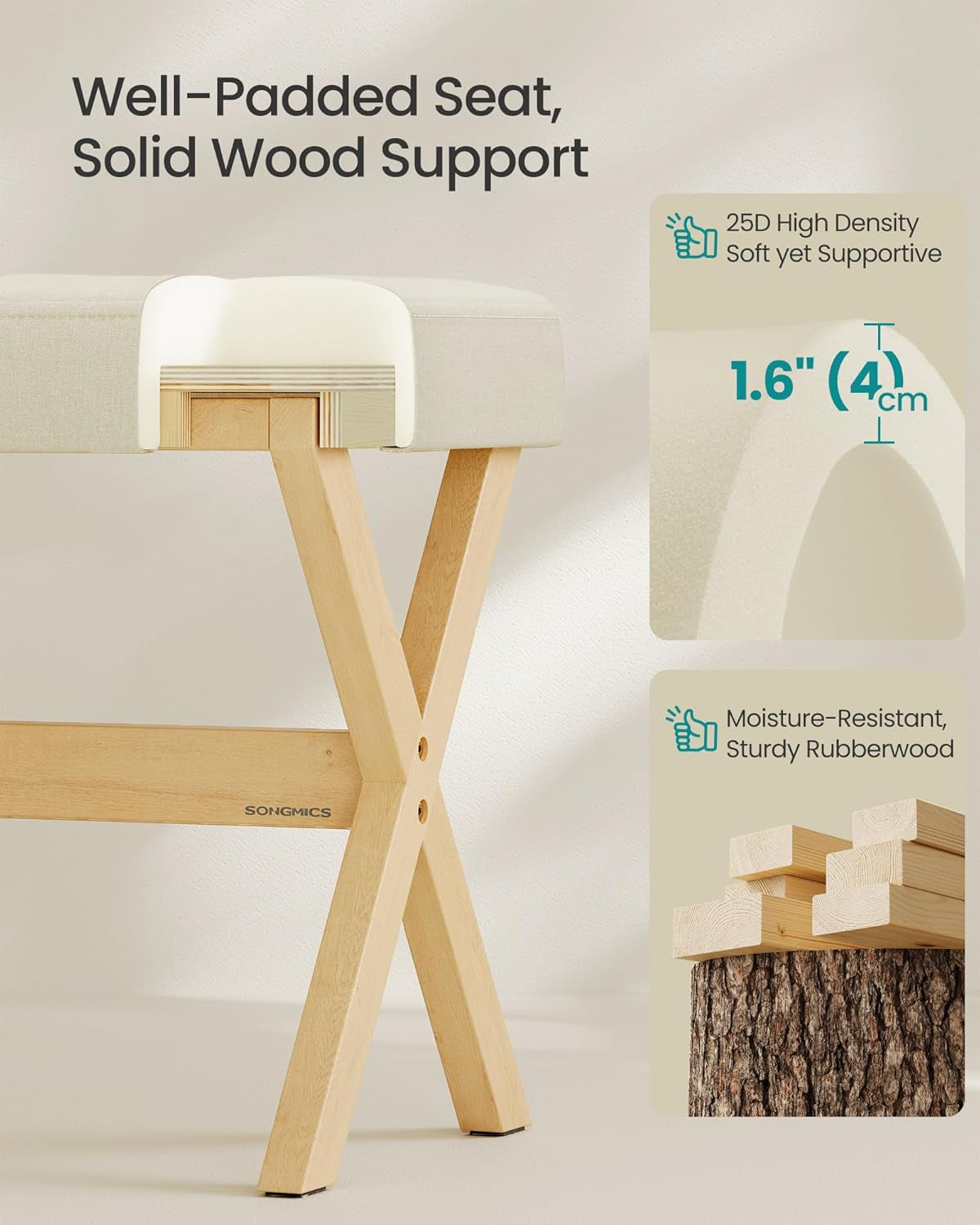 Makeup Stool, Padded Vanity Stool, Foot Rest, Solid Wood X Legs, for Bedroom, Closet, Entryway, 12.6 X 16.5 X 18.1 Inches, Summer Sand and Natural Beige ULSF006LF02