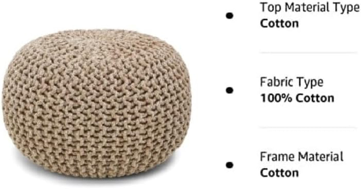REDEARTH round Pouf Ottoman - Hand Knitted Cable Boho Poof Home Décor Pouffe Circular Footrest for Living Room - Nursery - Bedroom - Lounge 100% Cotton (18”X18”X14”) - Beige Ivory