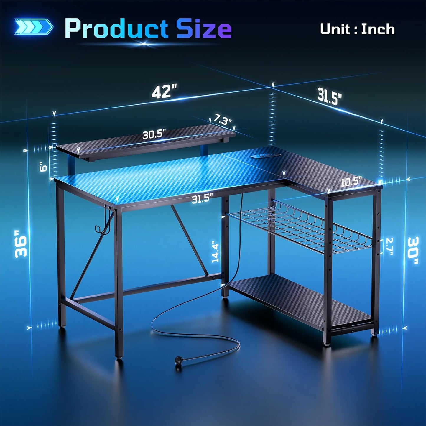 Gaming Desk with Power Outlets, 42" L-Shaped Computer Desk with LED Lights, Desk with Reversible Storage Shelves & Hooks for Small Spaces, Bedrooms & Offices, Black Carbon Fiber