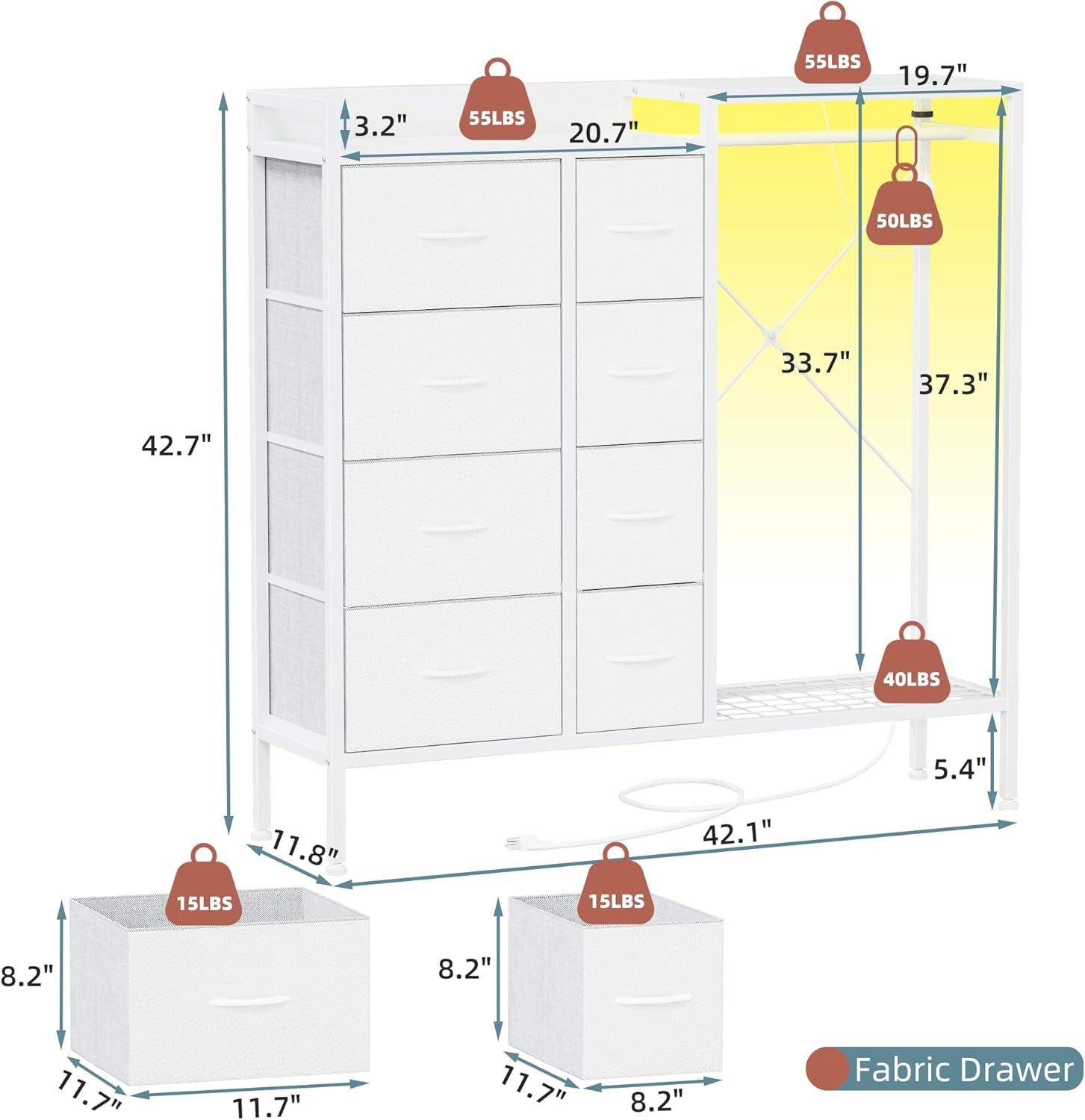 Dresser with Hanging Rack, 8-Drawer Dresser for Bedroom with Charging Station & LED Lights, Kids Dressers with Shoe Rack, Chest of Drawers with Wooden Top for Bedroom, Kids Room, White, 11.8"D