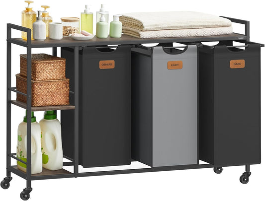 Laundry Hamper with 3 Compartments, 39.6 Gal. (150 L) Laundry Sorter, Rolling Laundry Cart with Shelves, Removable Liners, 6 Labels, Chestnut Brown, Ink Black and Dove Gray UBLH312B01