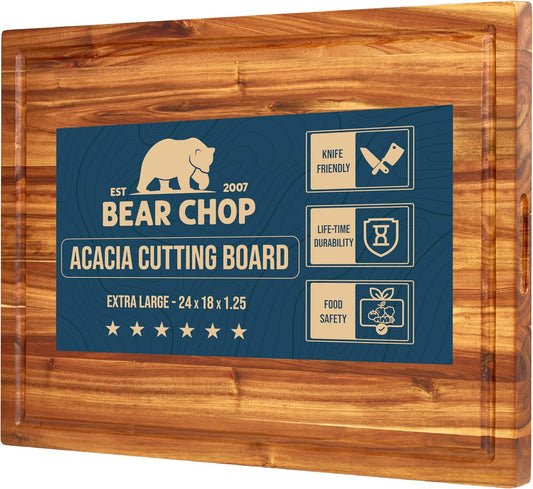 Bearchop Acacia Wood Cutting Boards for Kitchen, [24" X 18" X 1.25"] Extra Large Edge Grain Cutting Boards, Solid Acacia Wood Butcher Block Cutting Board with Deep Juice Grooves and Handle