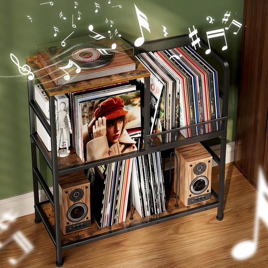 Record Player Stand Holds up to 150 Albums with 4 Adjustable Dividers, Vintage Turntable Stand, End Table Vinyl Record Holder