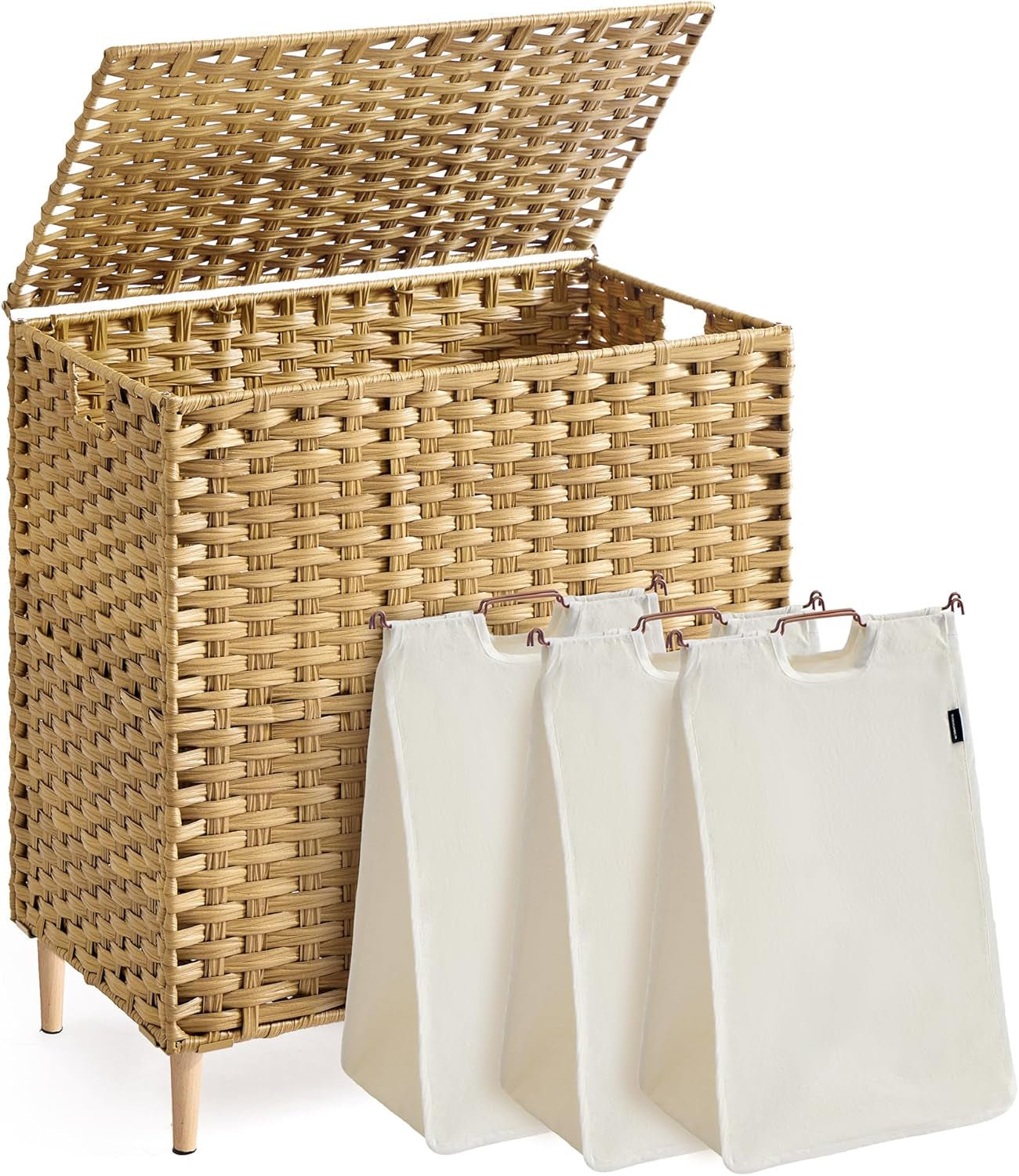 3-Section Laundry Hamper with Lid, 42.2 Gal (160L) PE Rattan Laundry Basket with Removable Washable Liners, for Bedroom & Living Room, Goose Yellow ULCB223YE01