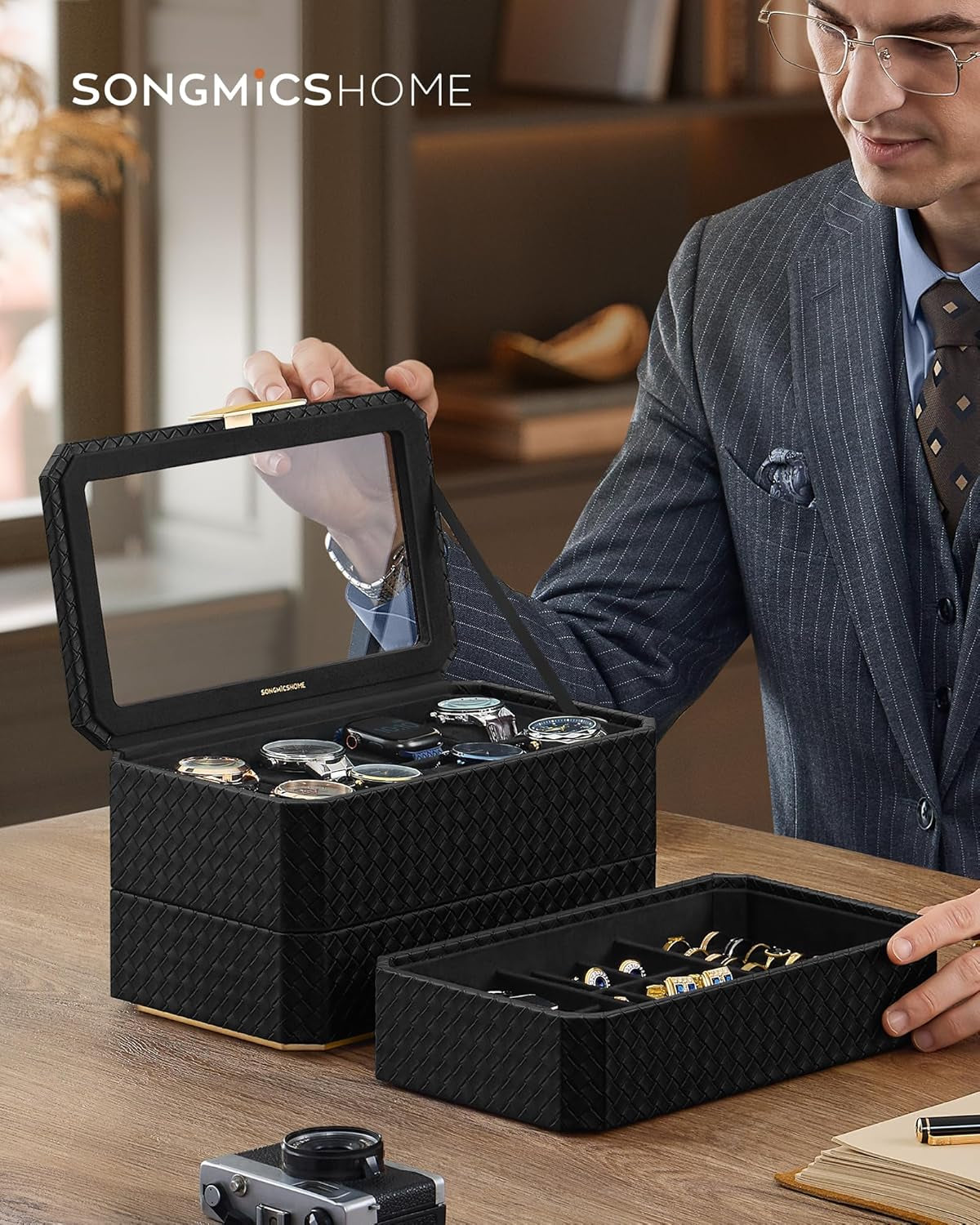 HOME RONNE Collection - 3-Tier Watch Box, Stackable 8-Slot Watch Case, Woven Embossed PU Leather, Floating Effect, Gift Idea, Ink Black Surface, Ink Black Lining UJWB021B01