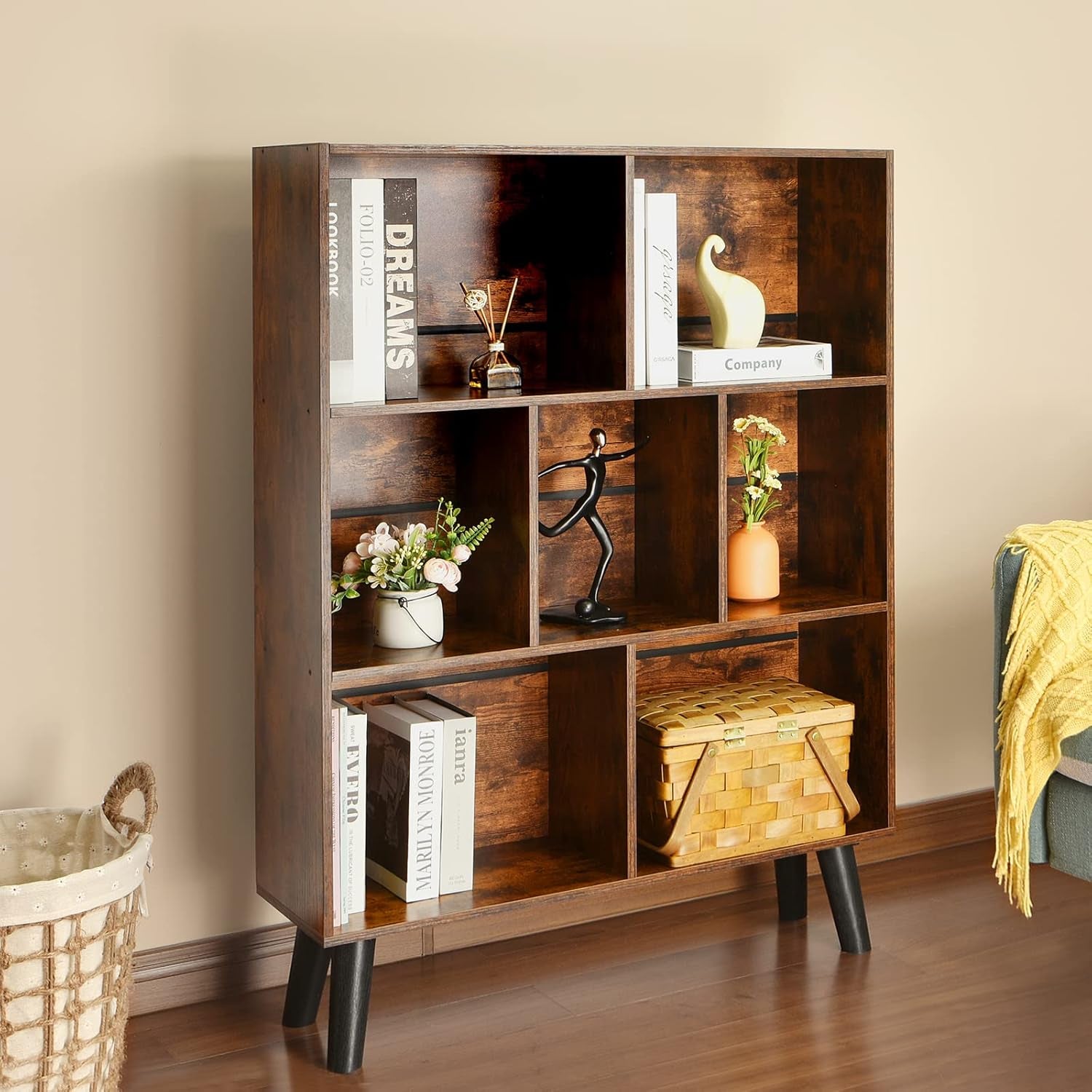 Cube Bookshelf 3 Tier Mid-Century Rustic Brown Modern Bookcase with Legs,Retro Wood Bookshelves Storage Organizer Shelf,Freestanding Open Book Shelves for Bedroom,Living Room,Office