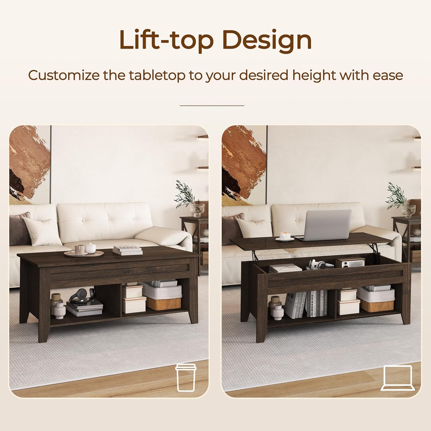 Lift Top Coffee Table with Hidden Storage Compartment & 2 Open Shelves, Rising Tabletop Pop up Center Table for Living Room Reception Room, 47.5'' L, Espresso