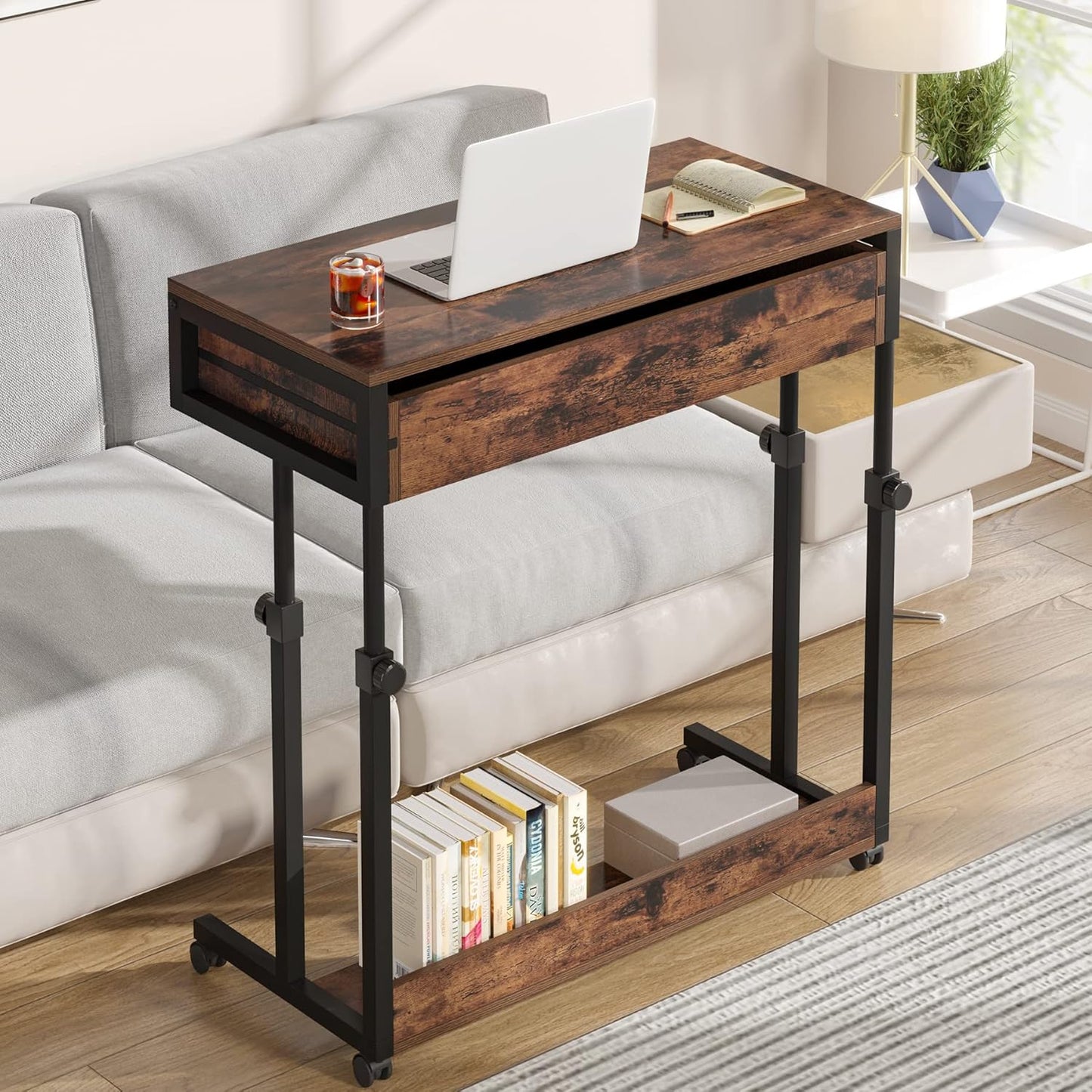 Portable Desk with Drawers, Mobile Laptop Desk with Wheels, Sofa Side Table Small Portable Standing Rolling Table for Home Office