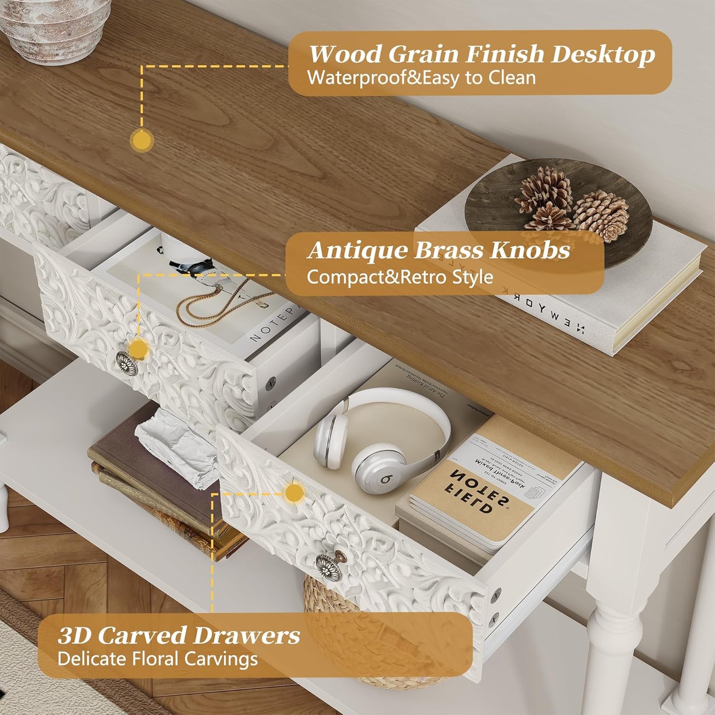 Entryway Console Table with 3 Drawers，42" Carved Hallway Table with Open Shelf，Long Sofa Table for Living Room, Hallway, behind Couch,White