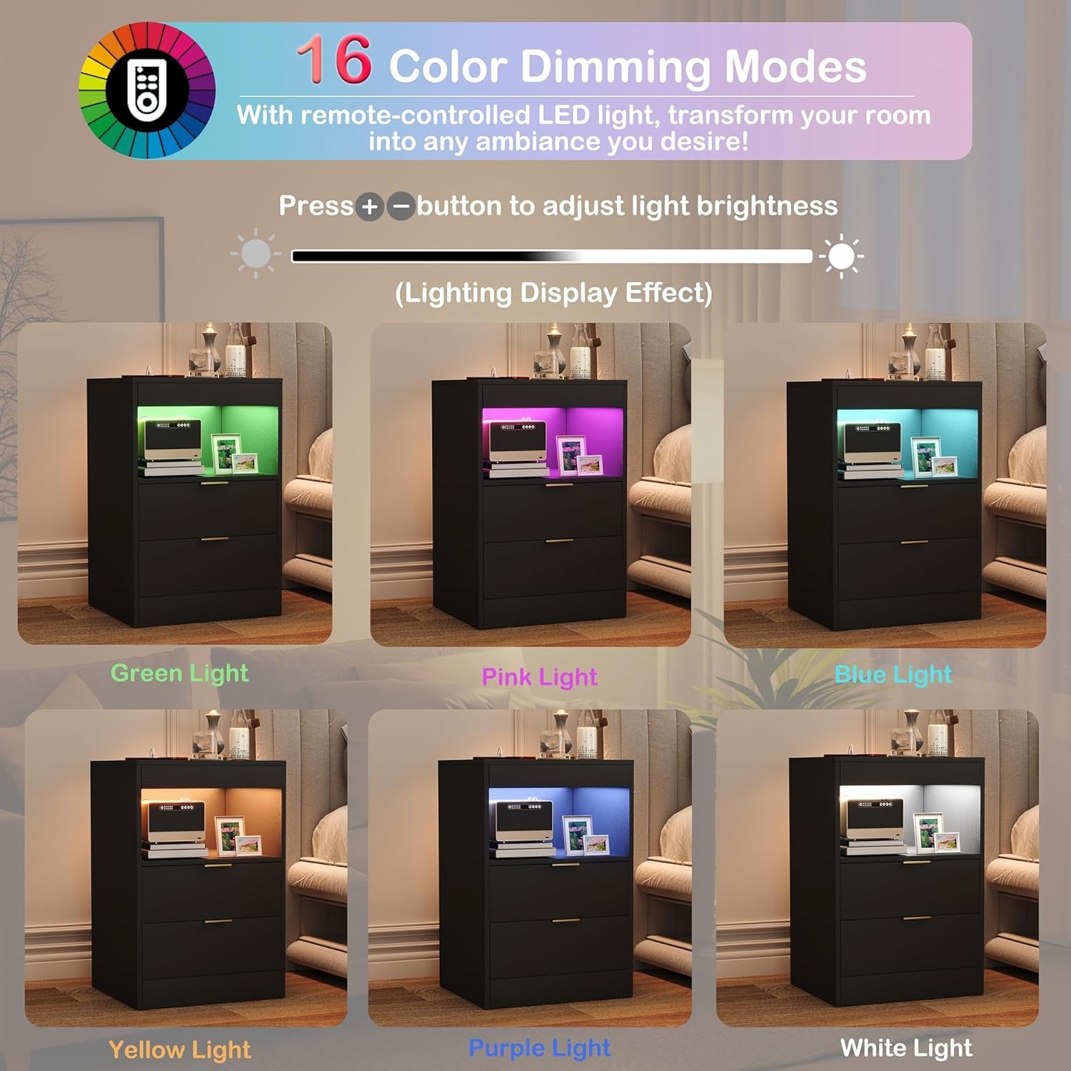 Night Stand, Bedside Table, LED Nightstand with Charging Station, Modern Night Stand, Wood Sofa Couch End Side Table with 2 Pull-Out Shelf (Black)