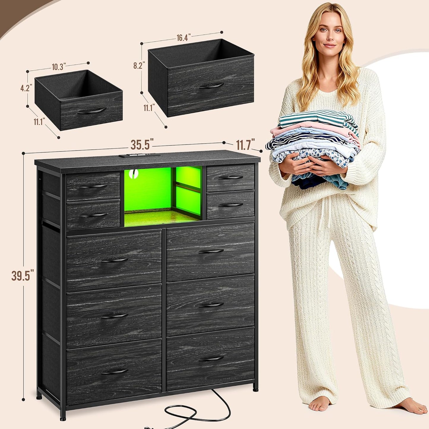 Dresser for Bedroom with 10 Drawers Featuring LED Light and Power Outlet, Fabric Dressers & Chest of Drawers with Open Shelves for Hallway, Living Room, Metal Frame,Wood Top,Grain Black