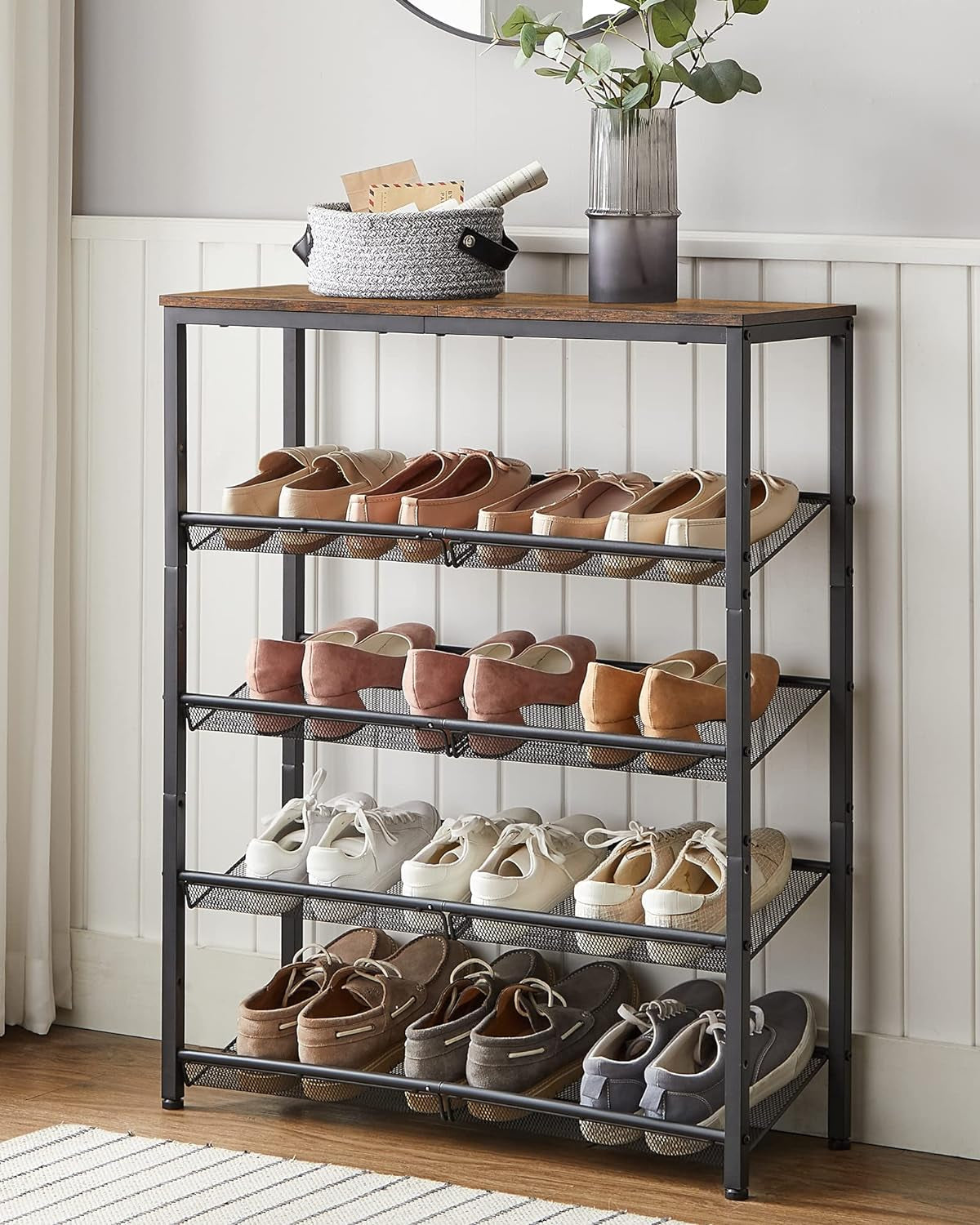 Shoe Rack for Entryway, 5-Tier Shoe Rack Organizer with Storage Shelves and Spacious Top, Freestanding, Adjustable, Industrial, Charcoal Grey and Metallic Silver ULBS038E22