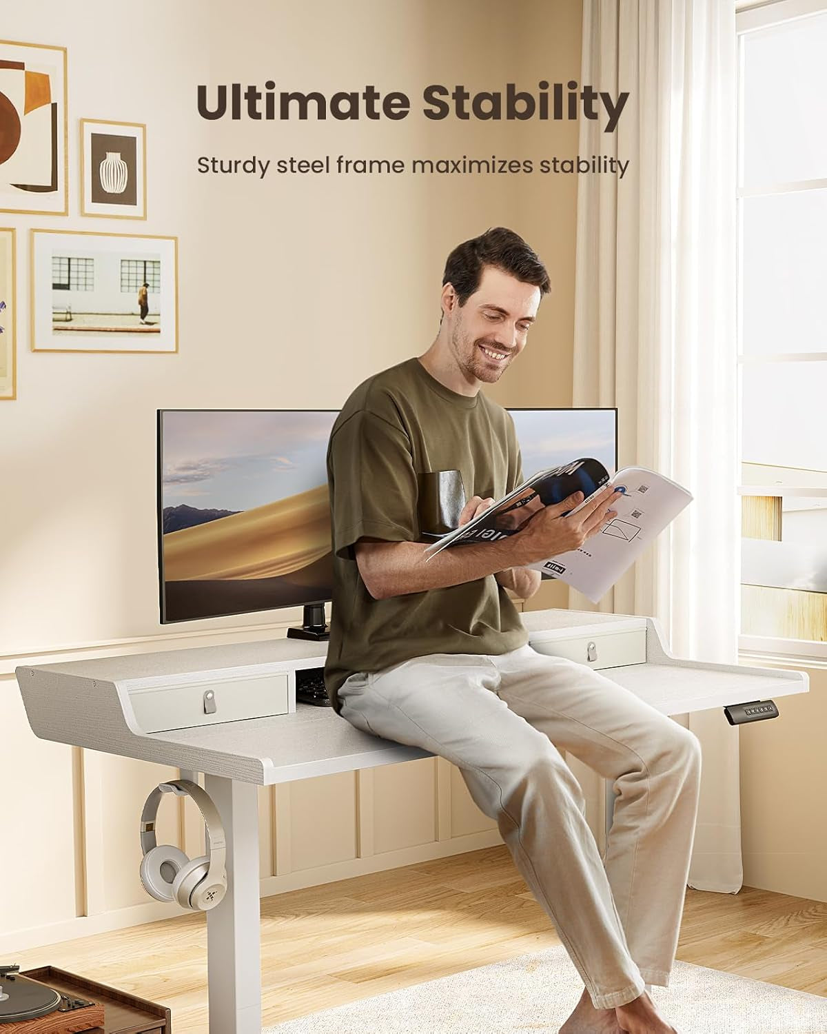 Electric Standing Desk with Drawers, 48″ X 24″ Gaming Table Compatible Monitor Stand, Stand up Desks, Home Office Height-Adjustable Desk with Storage Shelf, 4 Preset Heights, White