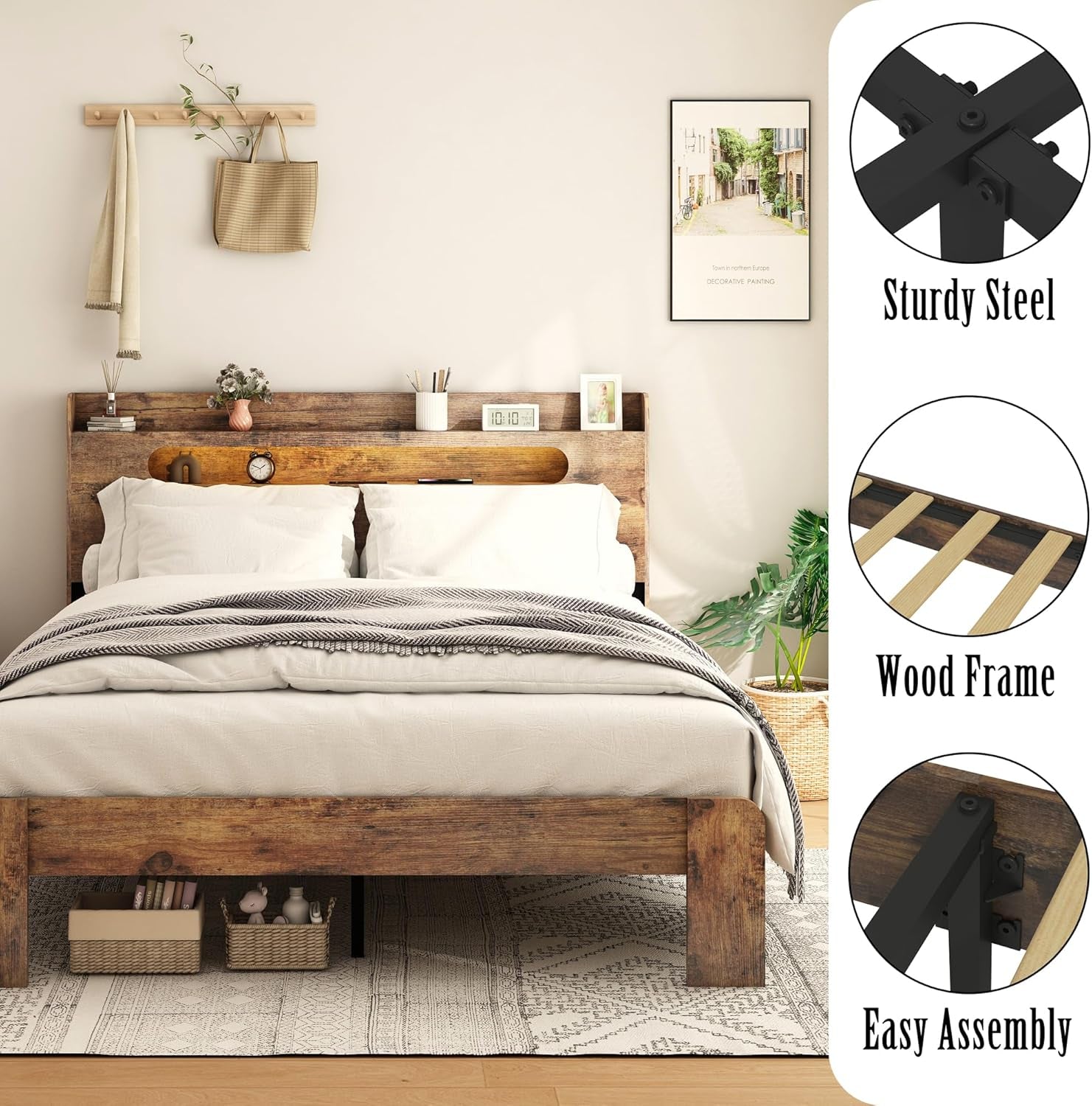 Wooden King Size Bed Frame with Storage Headboard, Farmhouse Platform Bedframe with Charging Station & Led Lights, Sturdy Wood Slat Framework, Easy Assembly (Rustic Brown Led)