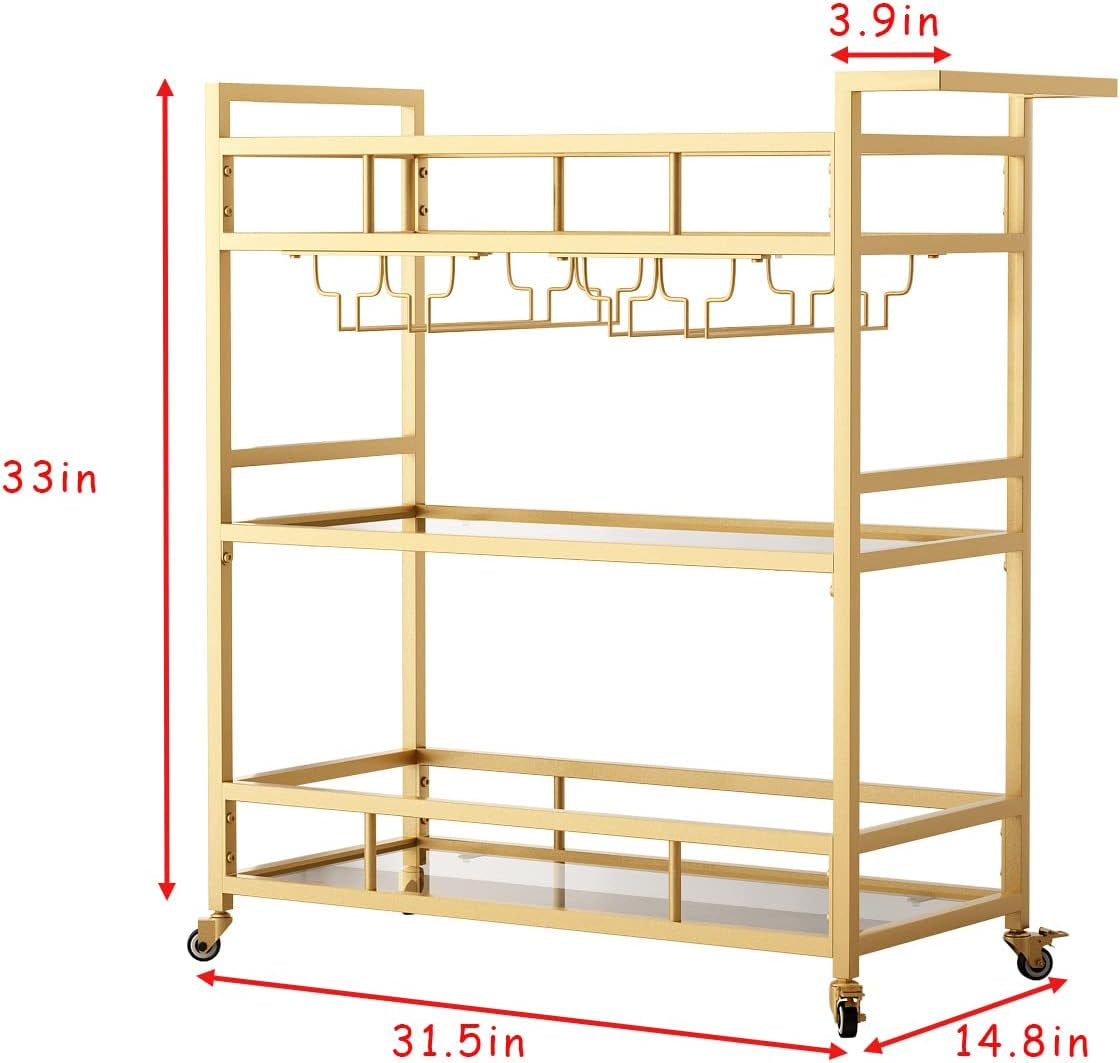 Gold Bar Carts with 3 Tier Glass Shelves, Rolling Serving Bar Cart with Wine Rack and Glass Holder, Home Bar Carts & Wine Carts on Wheels for Kitchen, Indoor & Outdoor