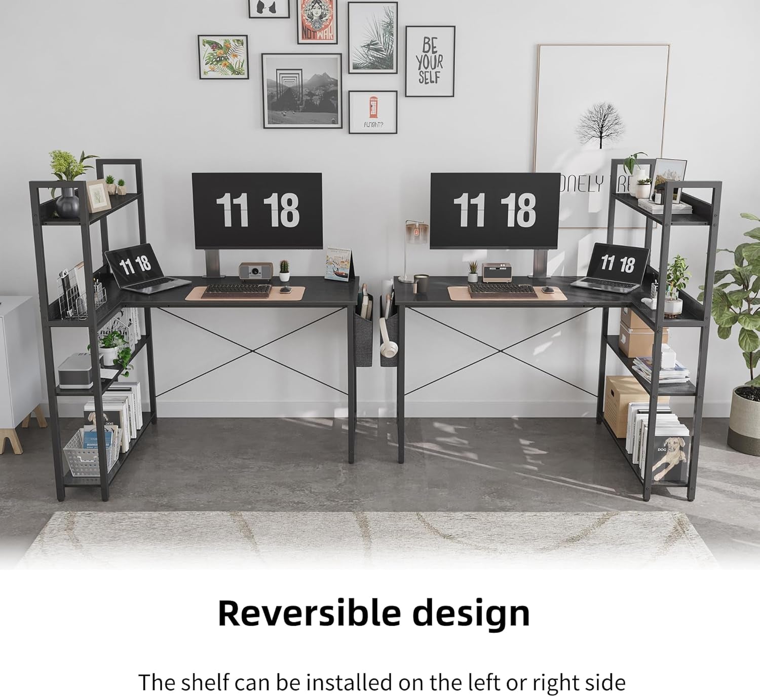 55 Inch Small L Shaped Desk, Corner Desk with Bookshelf, Home Office Desk, Writing Study Desk for Bedroom, Black