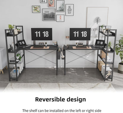 55 Inch Small L Shaped Desk, Corner Desk with Bookshelf, Home Office Desk, Writing Study Desk for Bedroom, Black