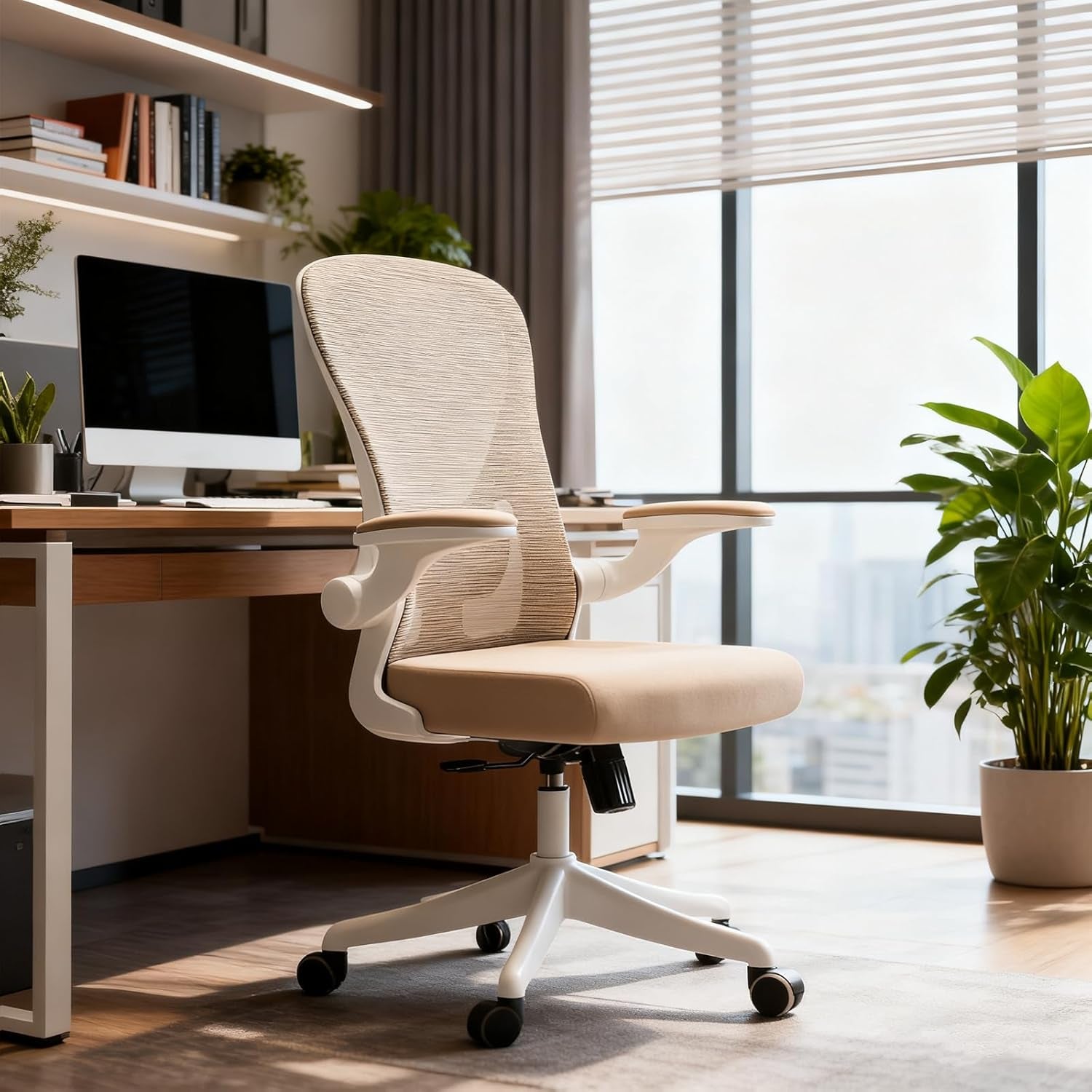 Ergonomic Office Chair with Adjustable Lumbar Support & Flip-Up Armrests - High Back Computer Desk Chair with Thickened Seat Cushion, Rolling Wheels for Home/Office Study Work