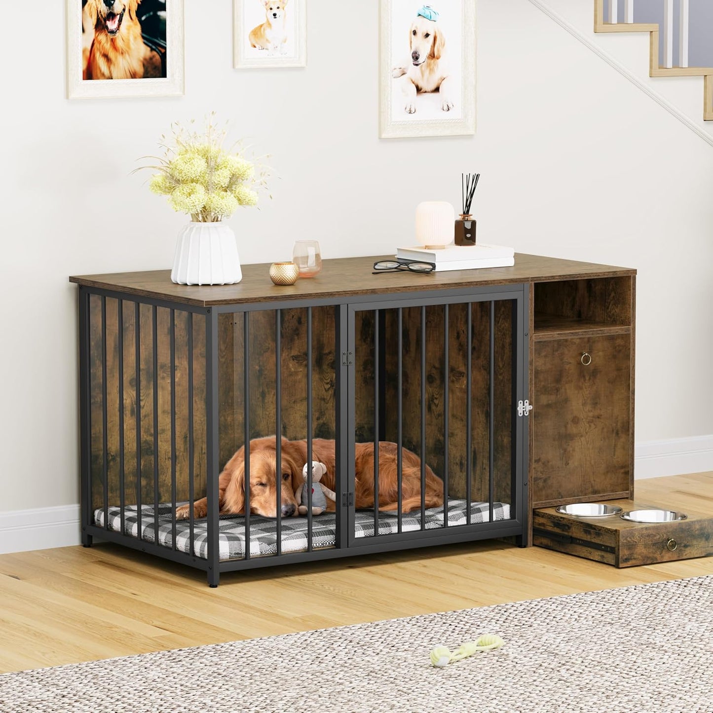 Dog Crate Furniture with Feeder Bowls, 55" Large Breed Dog Kennel with Storage Drawer, Heavy Duty Dog House TV Stand Indoor for Medium Dogs, Brown