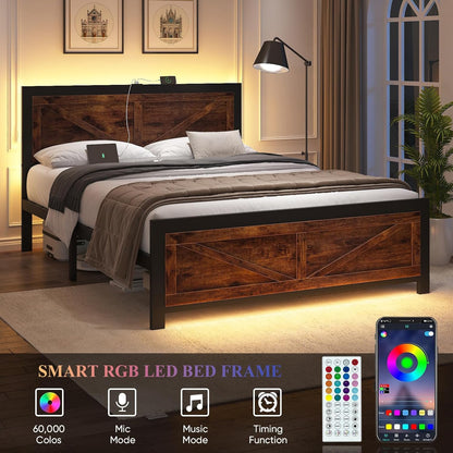 Led Bed Frame King Size with Charging Station, Industrial Platform Bed Frame with Rustic Barn Door Wood Headboard, Strong Metal Slats Support, Noise Free, No Box Spring Needed, Brown