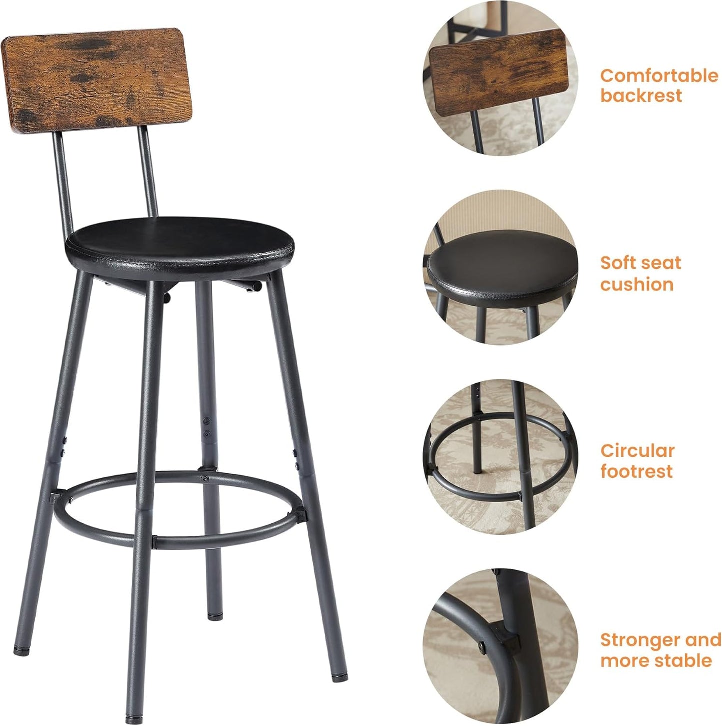 Long Bar Table Set with 3 PU Upholstered Bar Stools, Dining Table and Chair Sets, Industrial Tall Coffee Table and Back Chair for Kitchen, Living Room, Party Room, Small Space, Pub, Brown