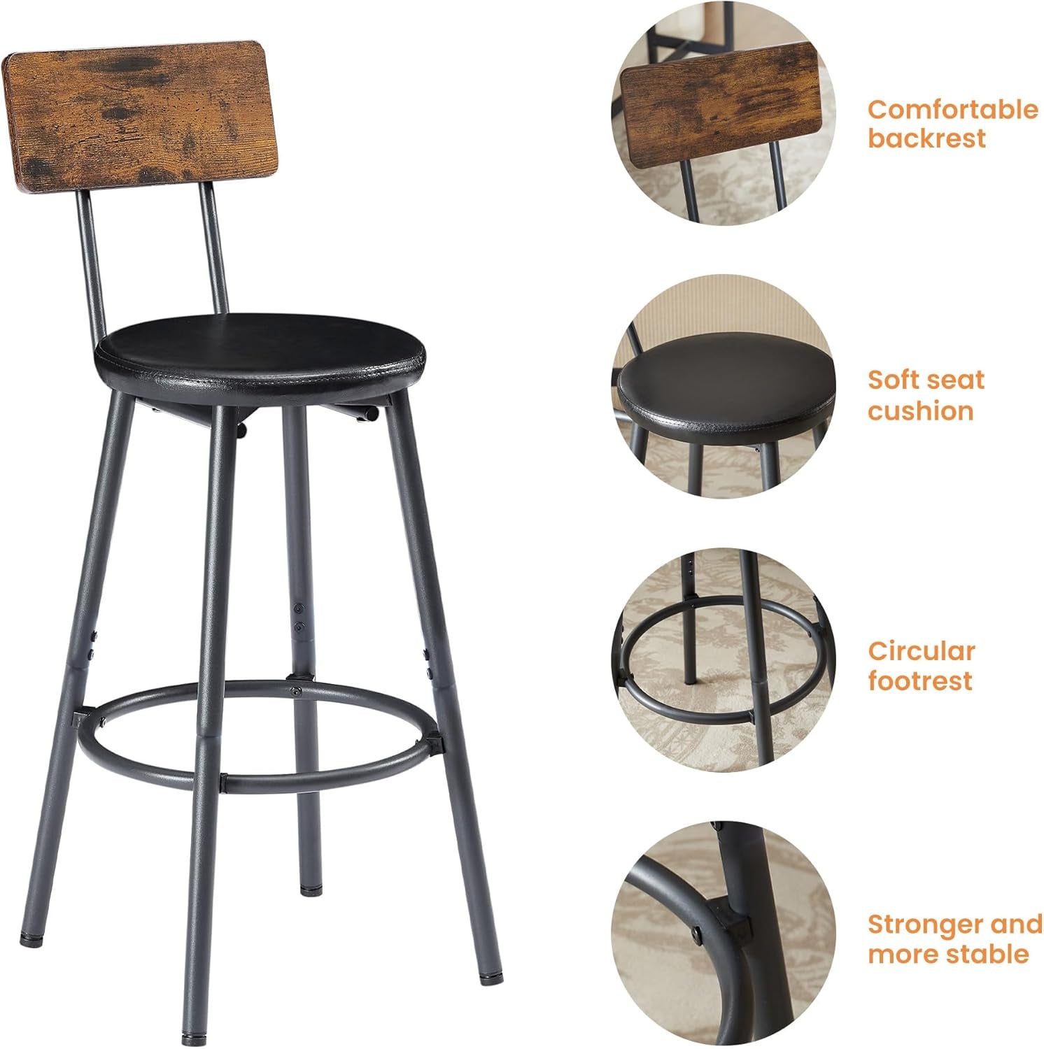 Long Bar Table Set with 3 PU Upholstered Bar Stools, Dining Table and Chair Sets, Industrial Tall Coffee Table and Back Chair for Kitchen, Living Room, Party Room, Small Space, Pub, Brown