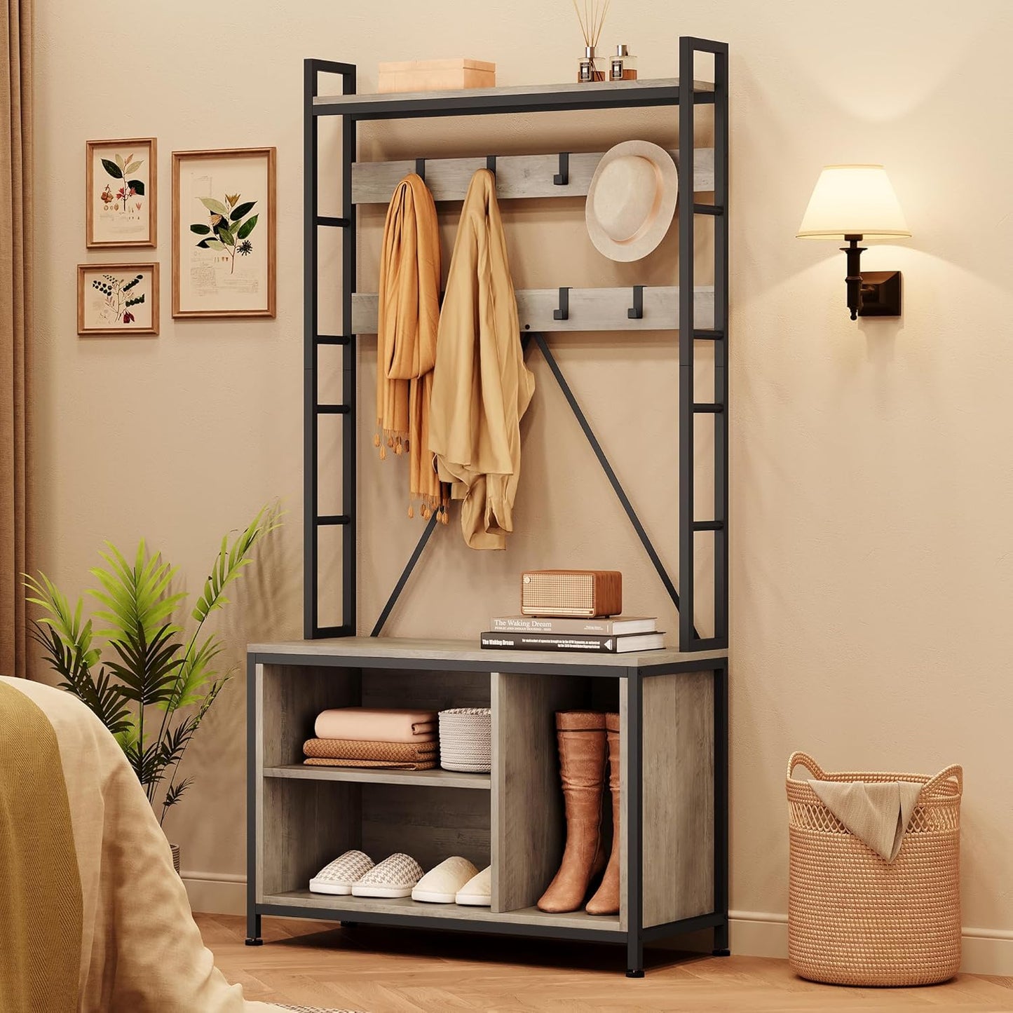 Hall Tree with Bench and Shoe Storage and Coat Rack, Industrial Entryway Bench with Storage Cubbies, Entryway Coat Rack for Hallway, Corner Places, Bedroom