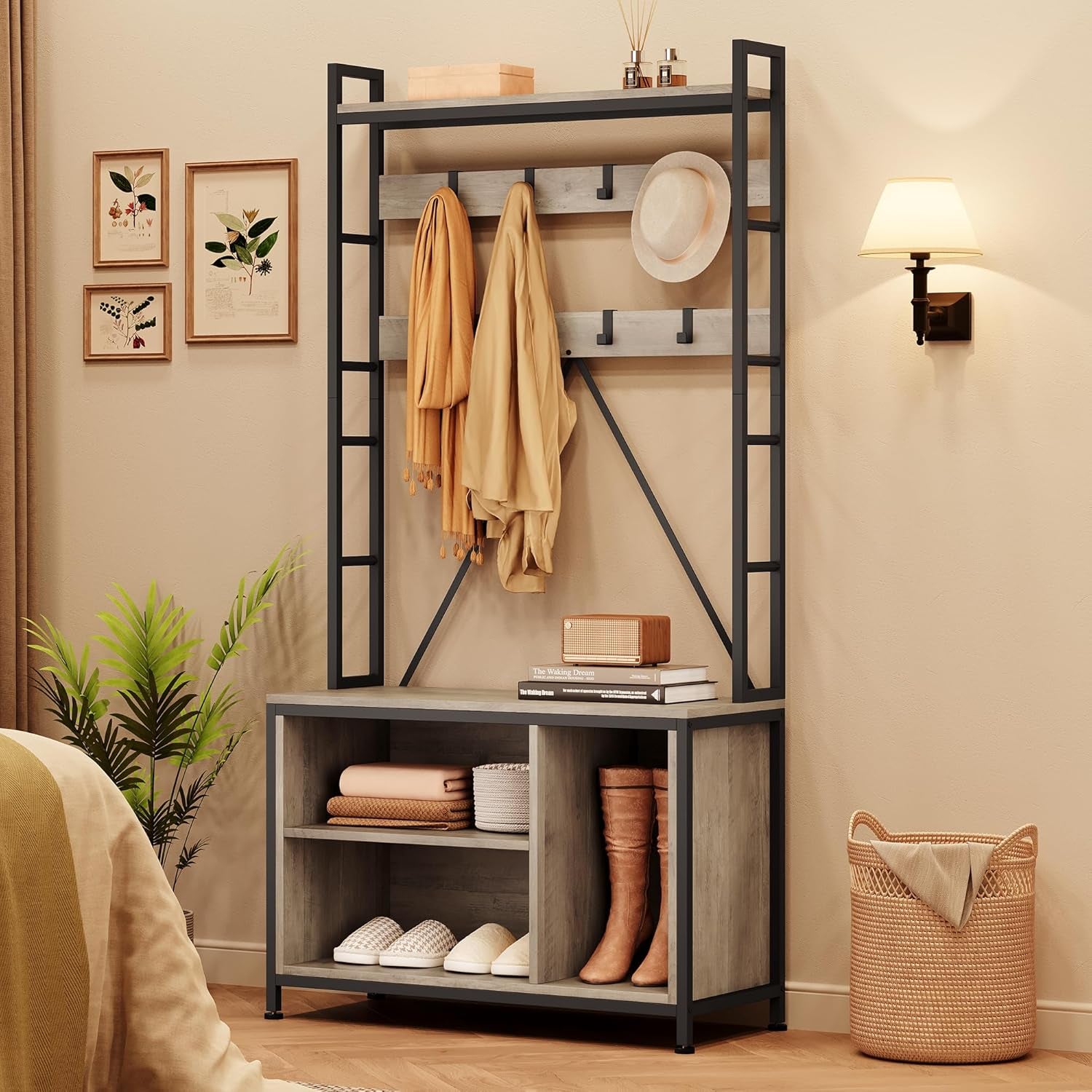 Hall Tree with Bench and Shoe Storage and Coat Rack, Industrial Entryway Bench with Storage Cubbies, Entryway Coat Rack for Hallway, Corner Places, Bedroom